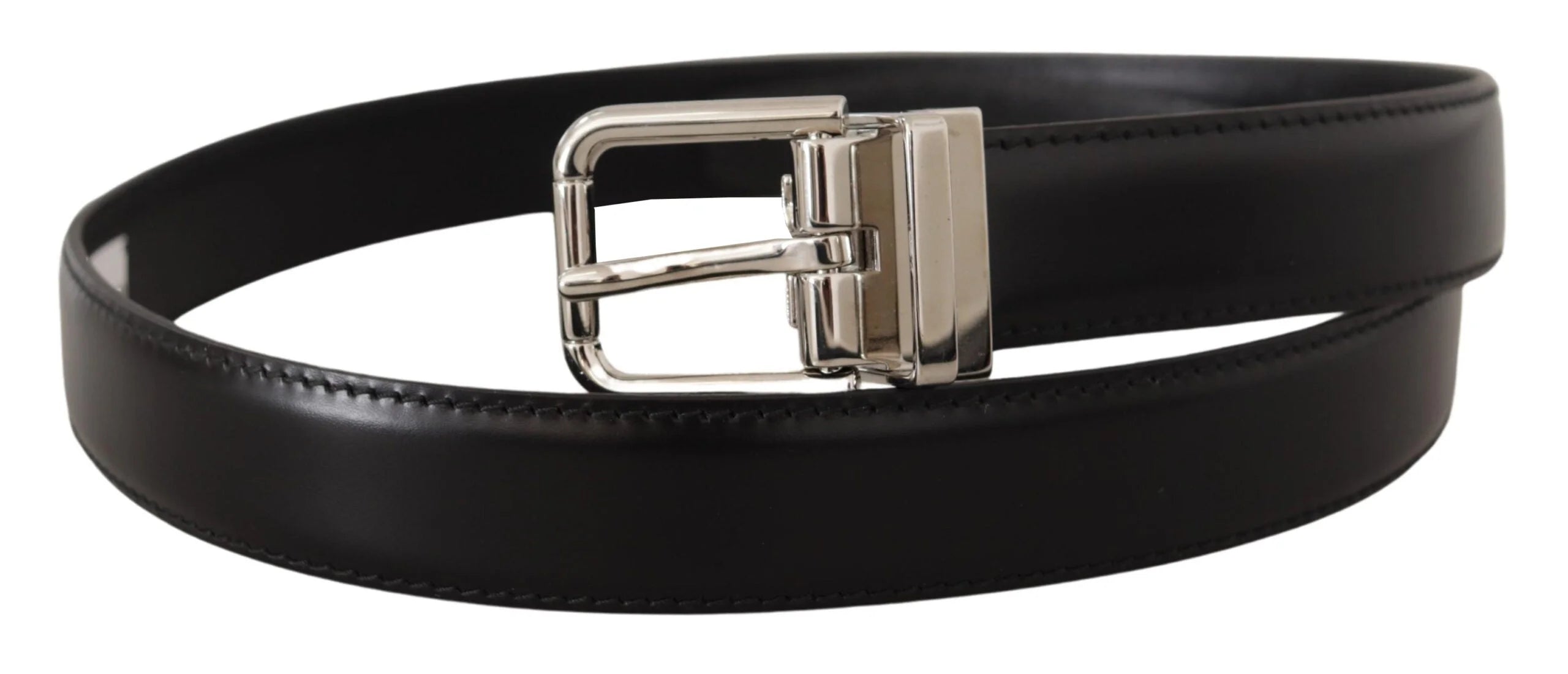 Dolce & Gabbana Black Calf Leather Logo Engraved Metal Buckle Belt - 75 cm / 29,5 Inches - Belts