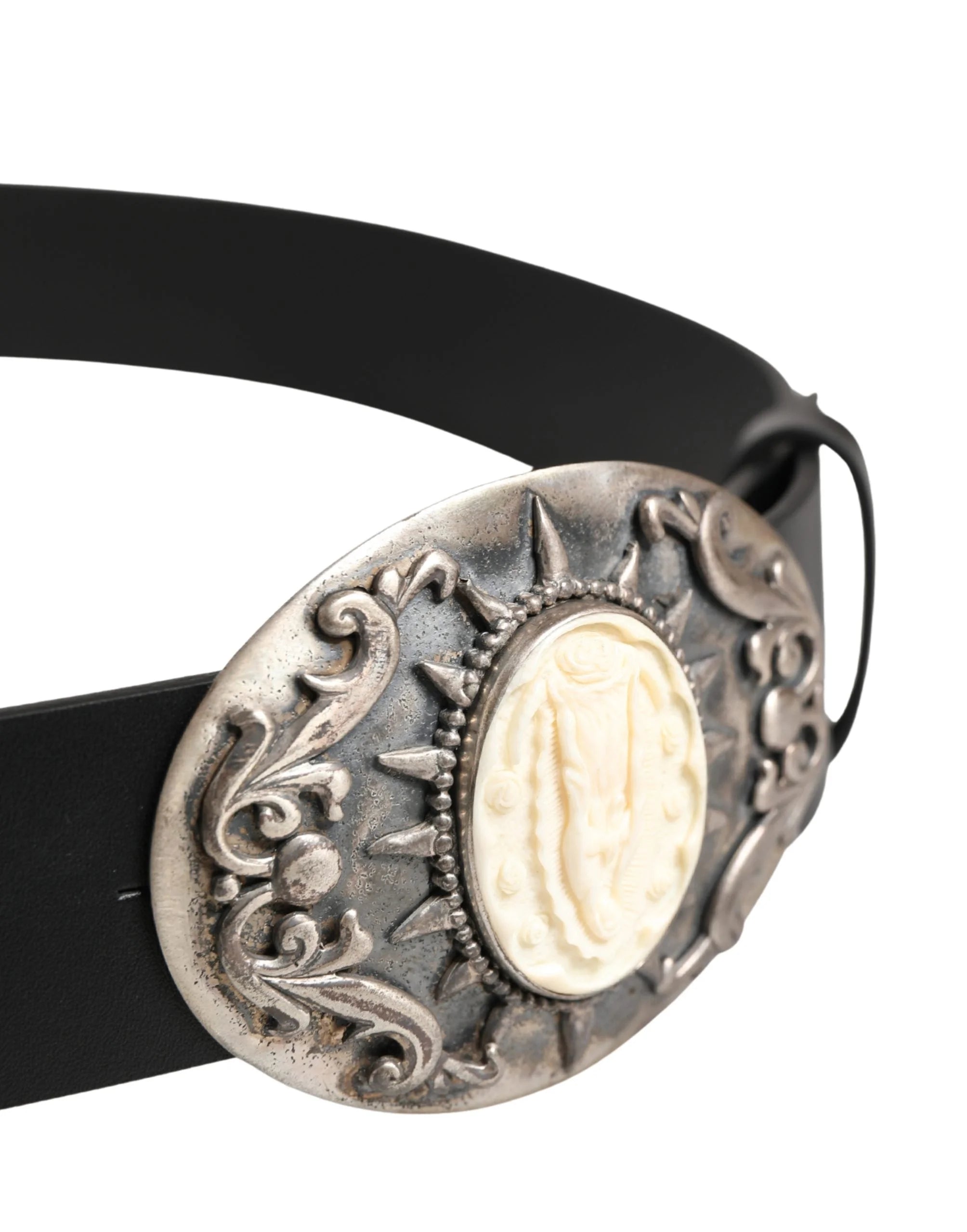 Dolce & Gabbana Svarta Kalvskinn Bälte Med Ornamenterad Metallspänne - 100 cm / 40 Tum