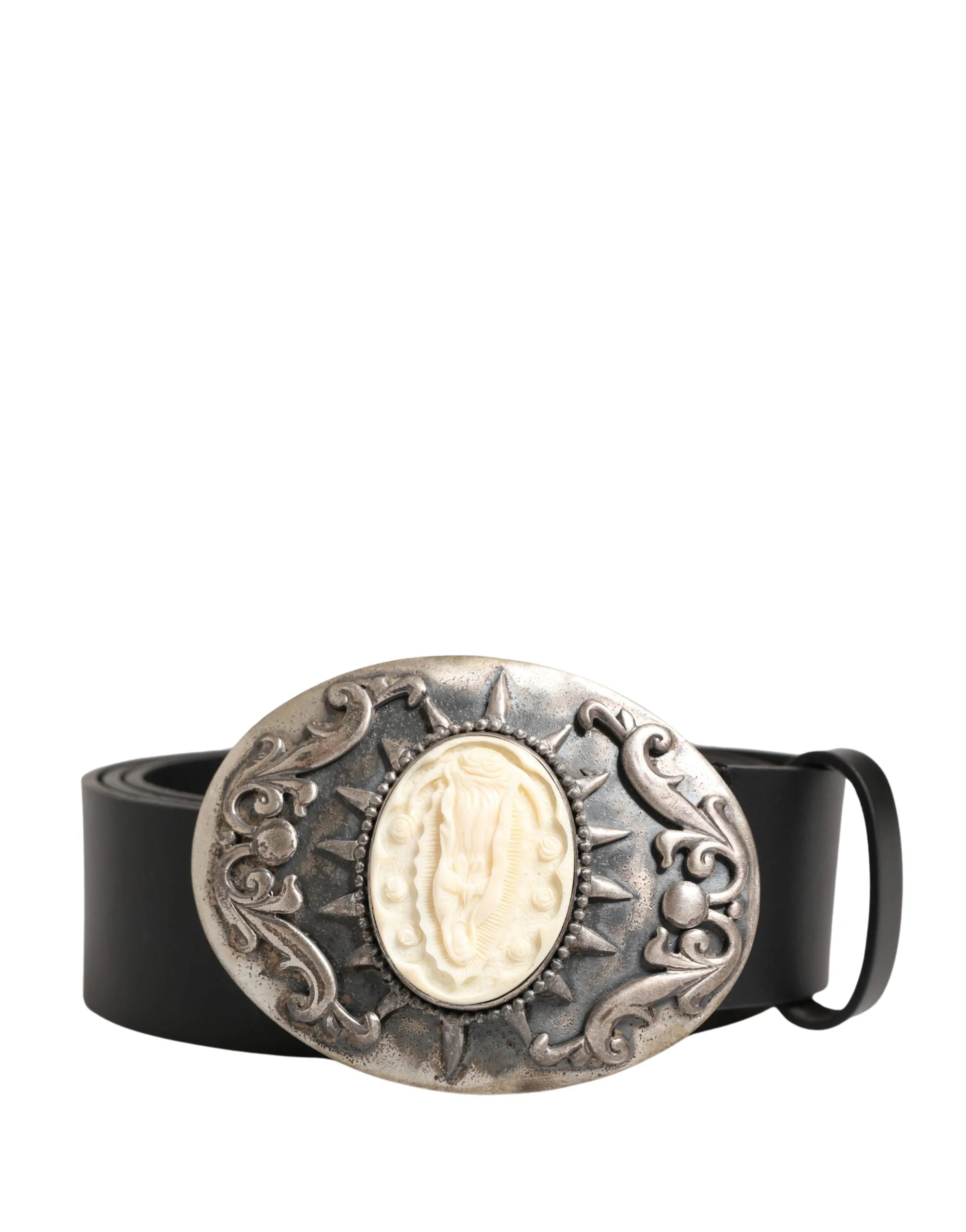 Dolce & Gabbana Svarta Kalvskinn Bälte Med Ornamenterad Metallspänne - 100 cm / 40 Tum
