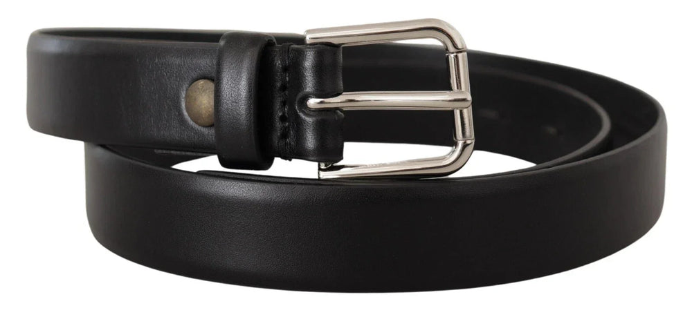 Dolce & Gabbana Black Calf Leather Silver Tone Logo Buckle Belt - 80 cm / 32 Inches - Belts