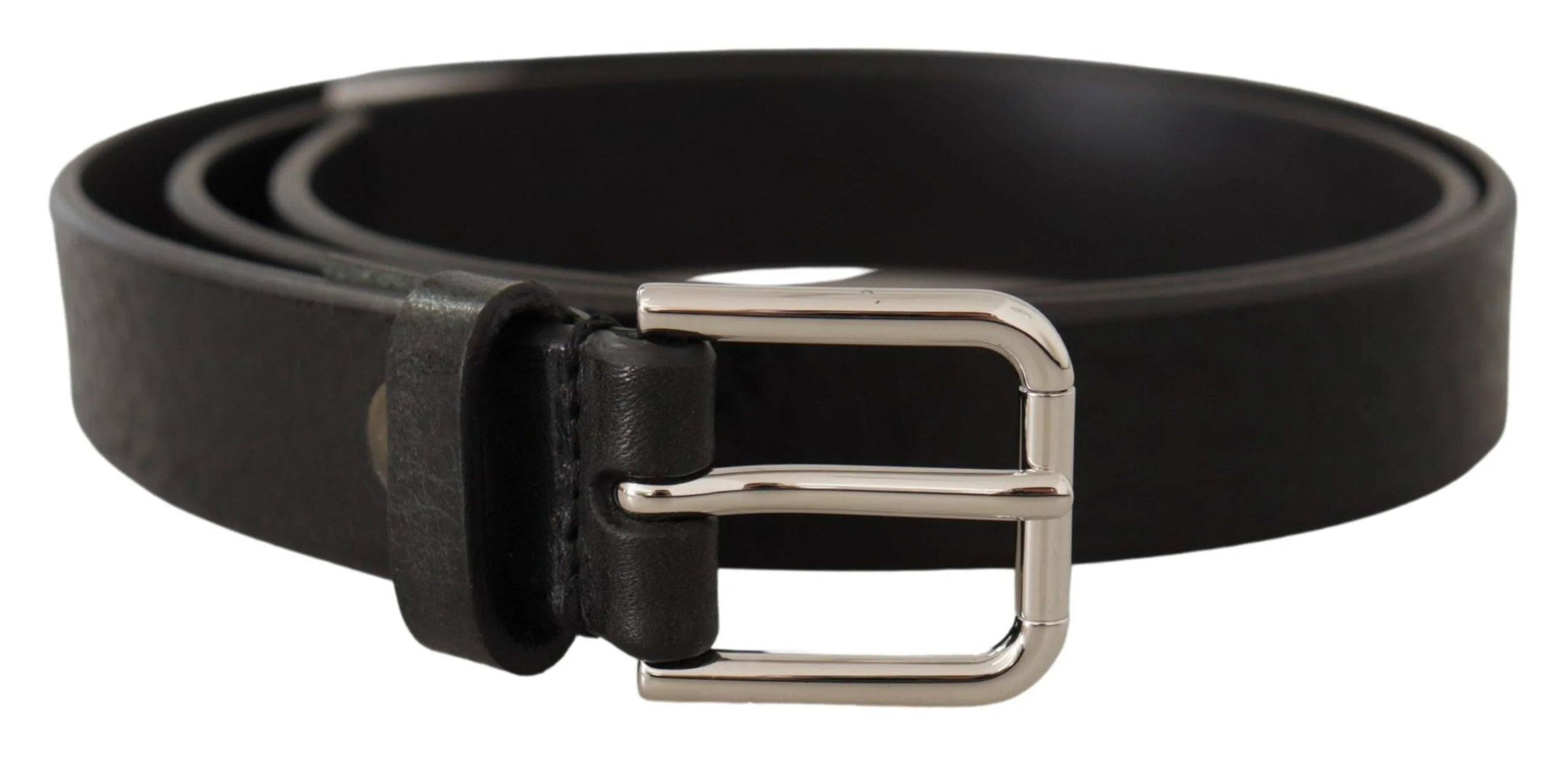 Dolce & Gabbana Black Calf Leather Silver Tone Logo Metal Buckle Belt - 80 cm / 32 Inches - Belts