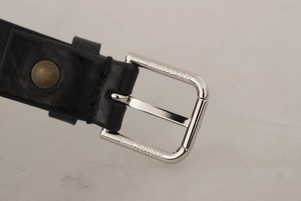 Dolce & Gabbana Black Calf Leather Silver Tone Logo Metal Buckle Belt - 80 cm / 32 Inches - Belts