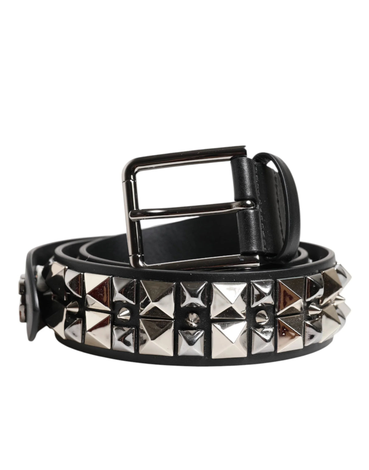 Dolce & Gabbana Black Calf Leather Studded Silver Buckle Belt - Belts