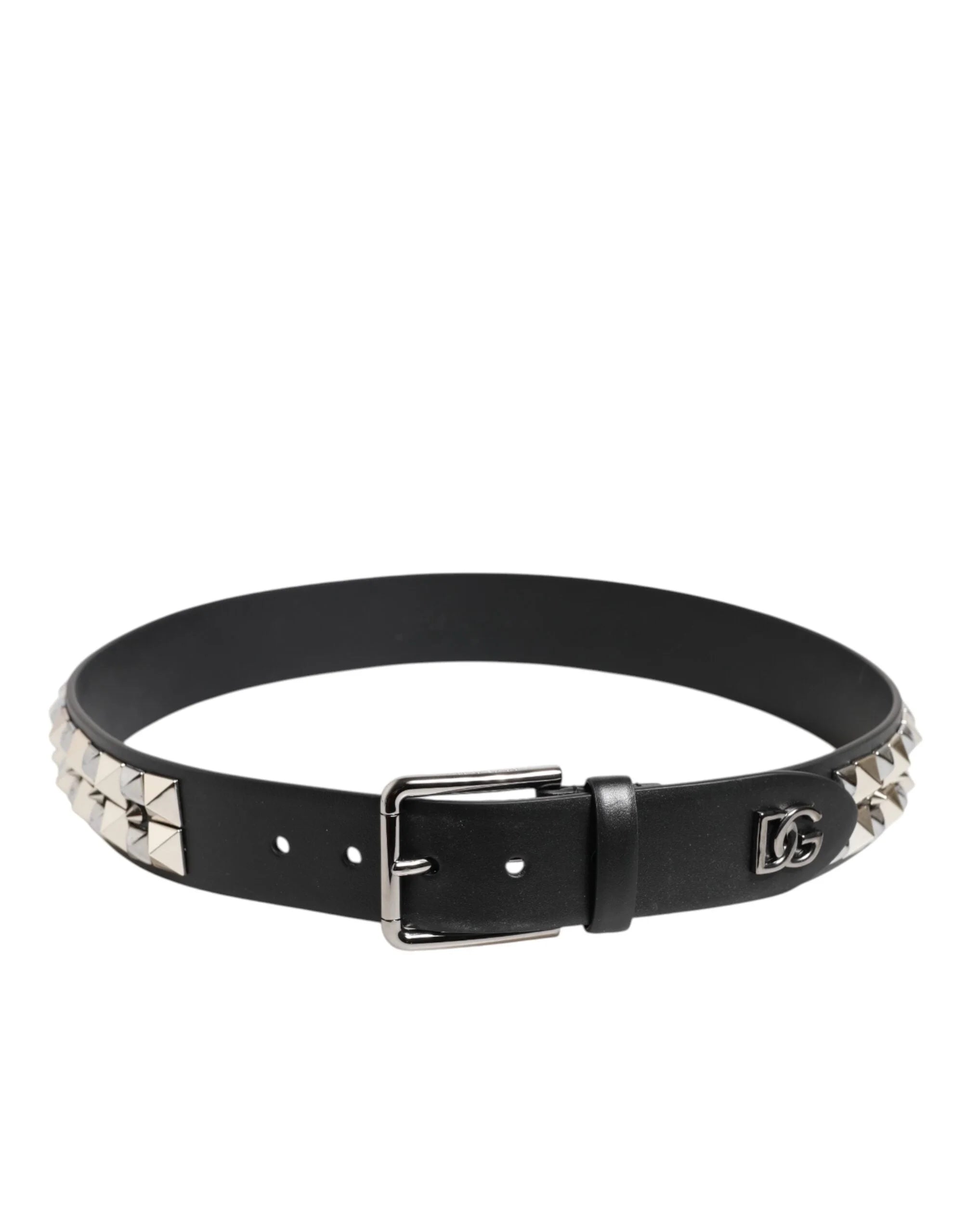 Dolce & Gabbana Black Calf Leather Studded Silver Buckle Belt - Belts