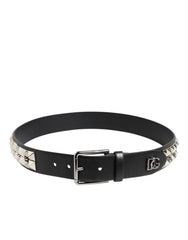 Dolce & Gabbana Black Calf Leather Studded Silver Buckle Belt - Belts