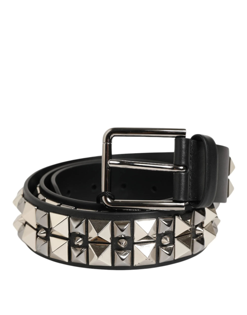 Dolce & Gabbana Black Calf Leather Studded Silver Buckle Belt - Belts