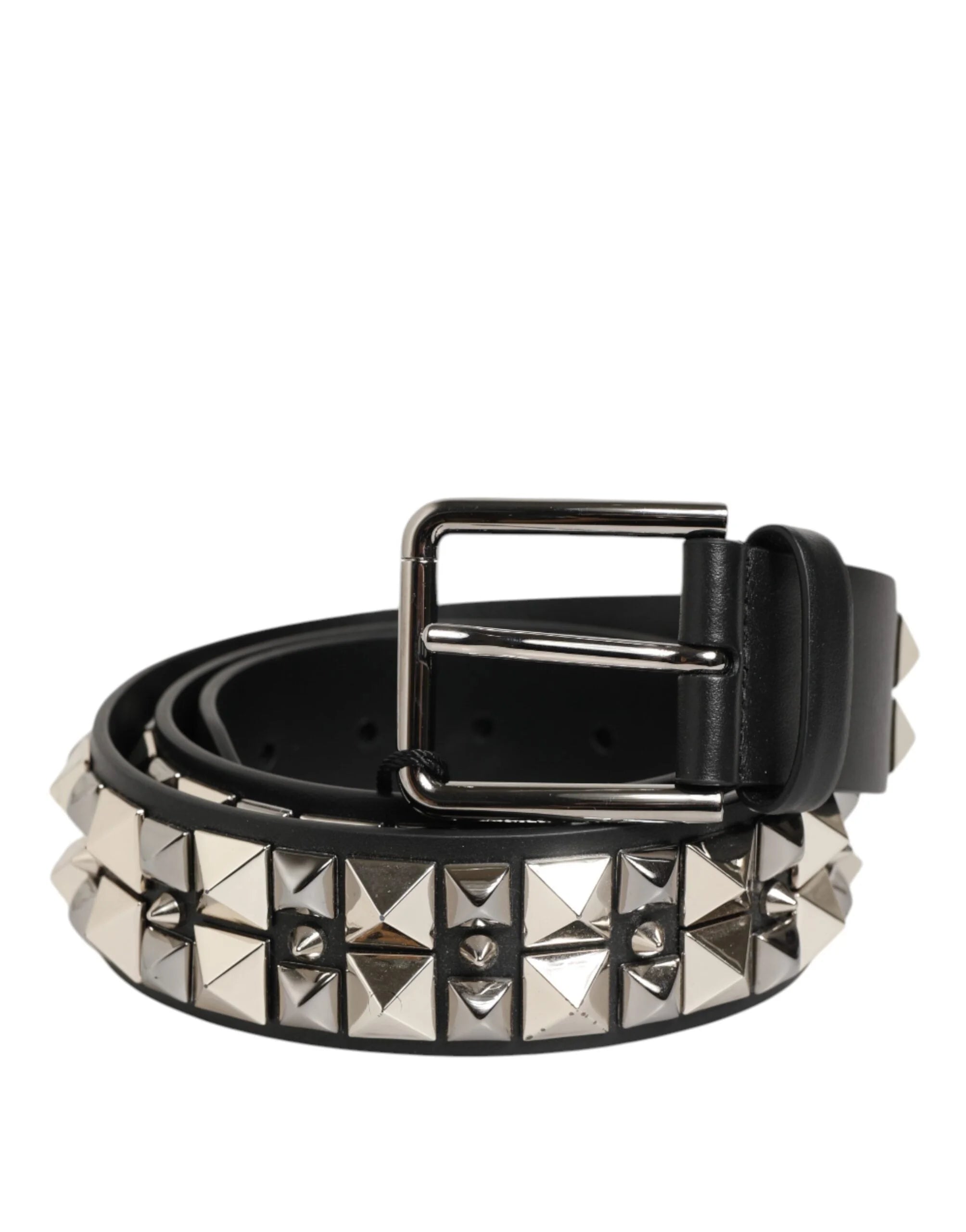 Dolce & Gabbana Black Calf Leather Studded Silver Buckle Belt - Belts