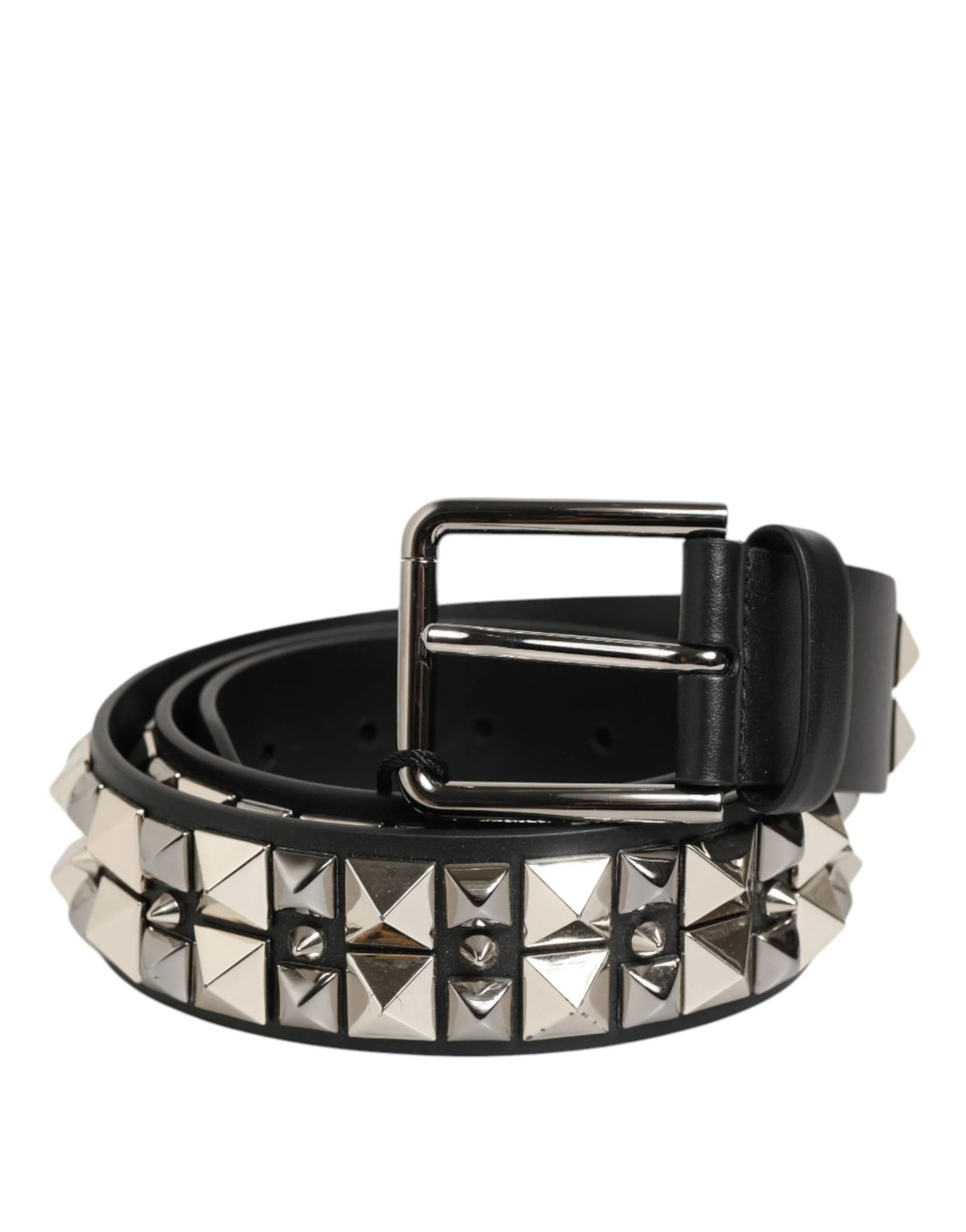 Dolce & Gabbana Black Calf Leather Studded Silver Buckle Belt - Belts