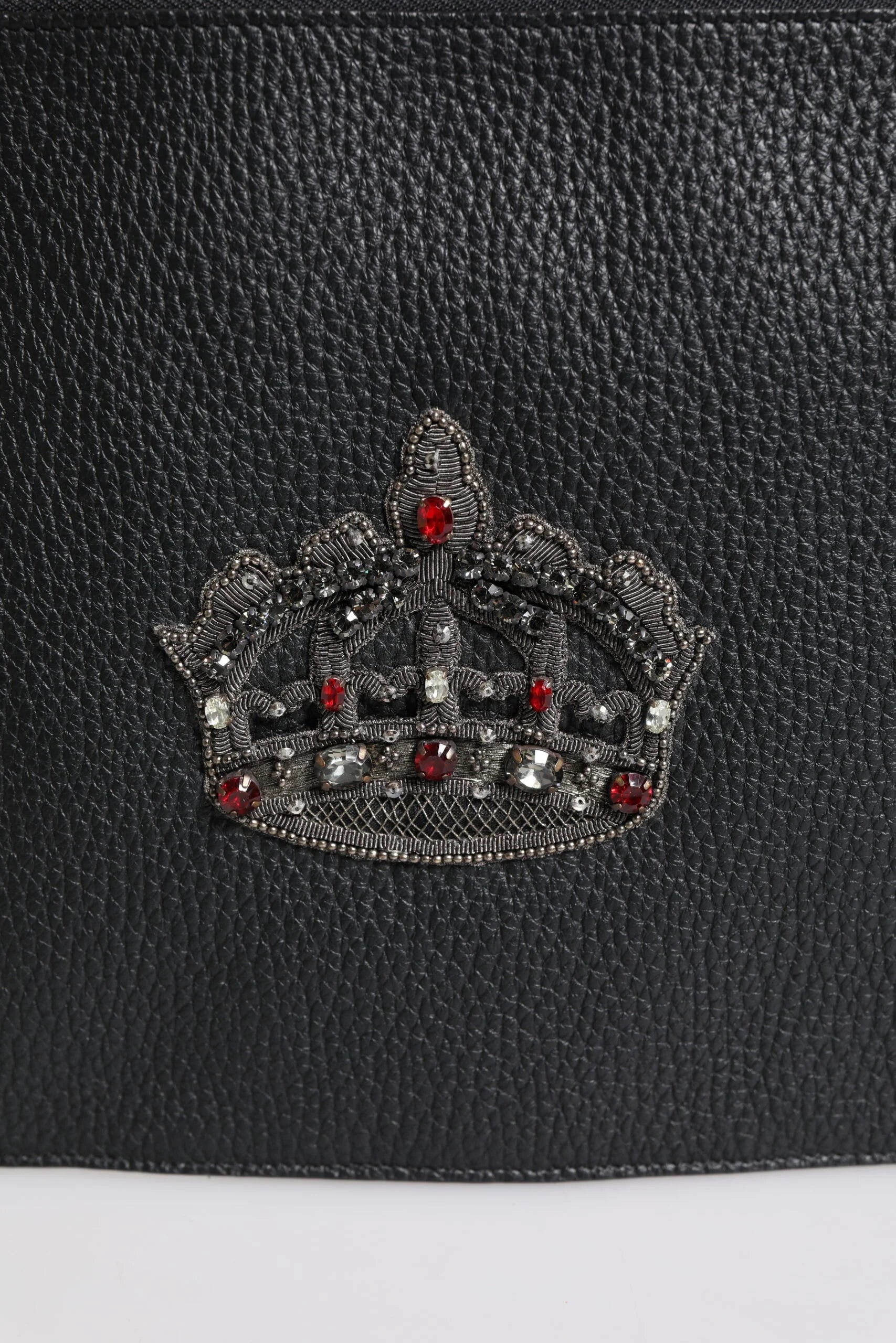 Dolce & Gabbana Black Calfskin Crown Embellished Clutch Pouch Bag - Clutch Bags