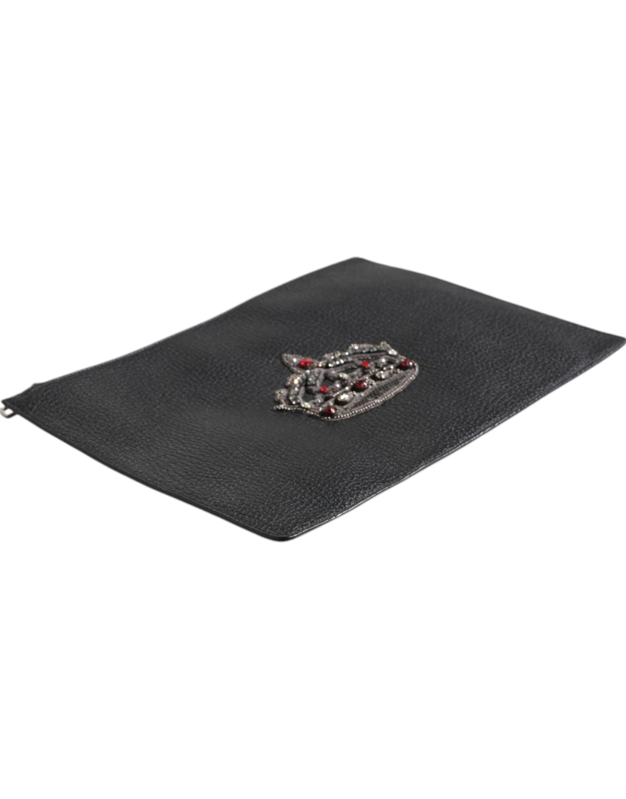 Dolce & Gabbana Black Calfskin Crown Embellished Clutch Pouch Bag - Clutch Bags
