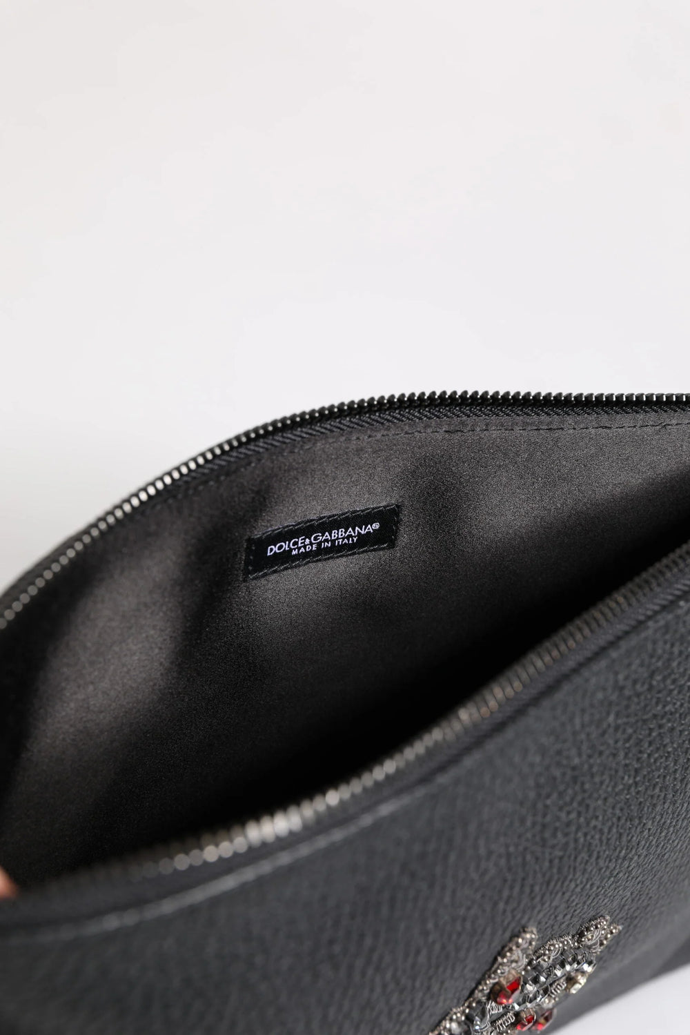 Dolce & Gabbana Black Calfskin Crown Embellished Clutch Pouch Bag - Clutch Bags