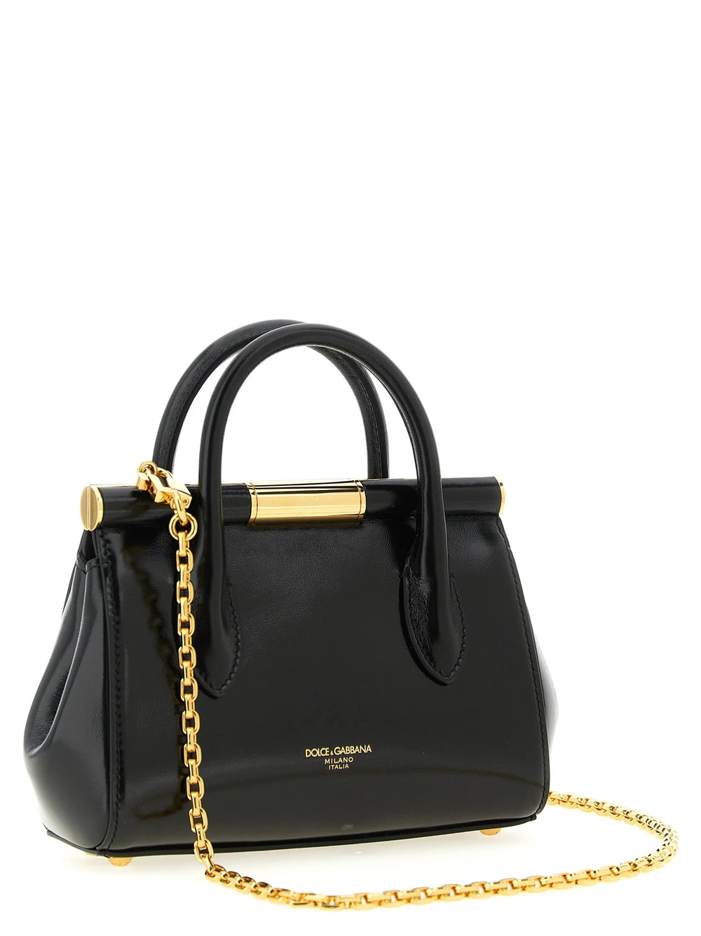 Bočný pohľad na čiernu koženú kabelku Dolce & Gabbana, ukazujúci vycibrenú konštrukciu bočnice a elegantný štýl.