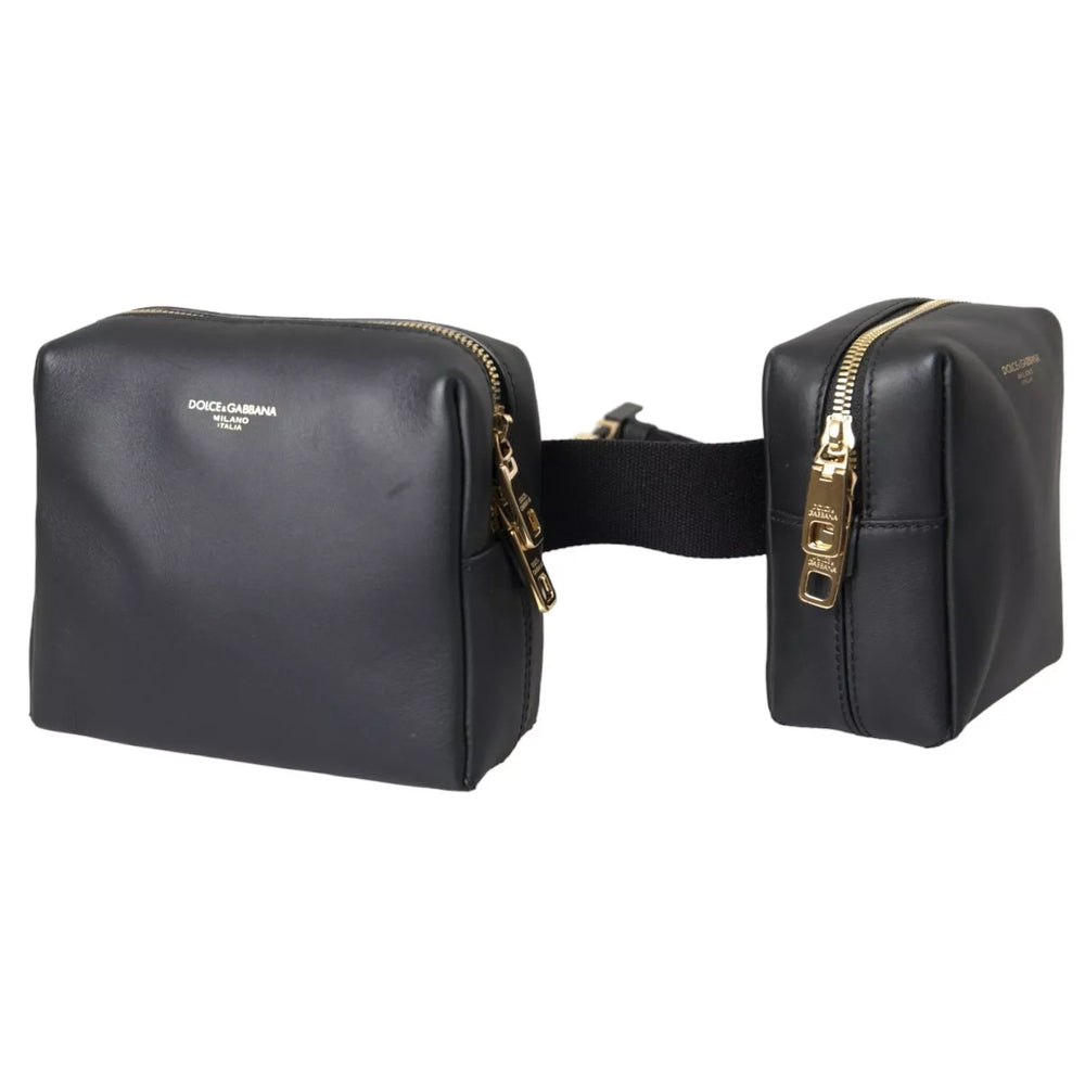 Dolce & Gabbana Black Calfskin Leather Double Waist Belt Fanny Pack Bag - Fanny Packs