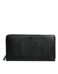 Dolce & Gabbana Black Calfskin Leather Logo Zip Around Continental Wallet - Wallets