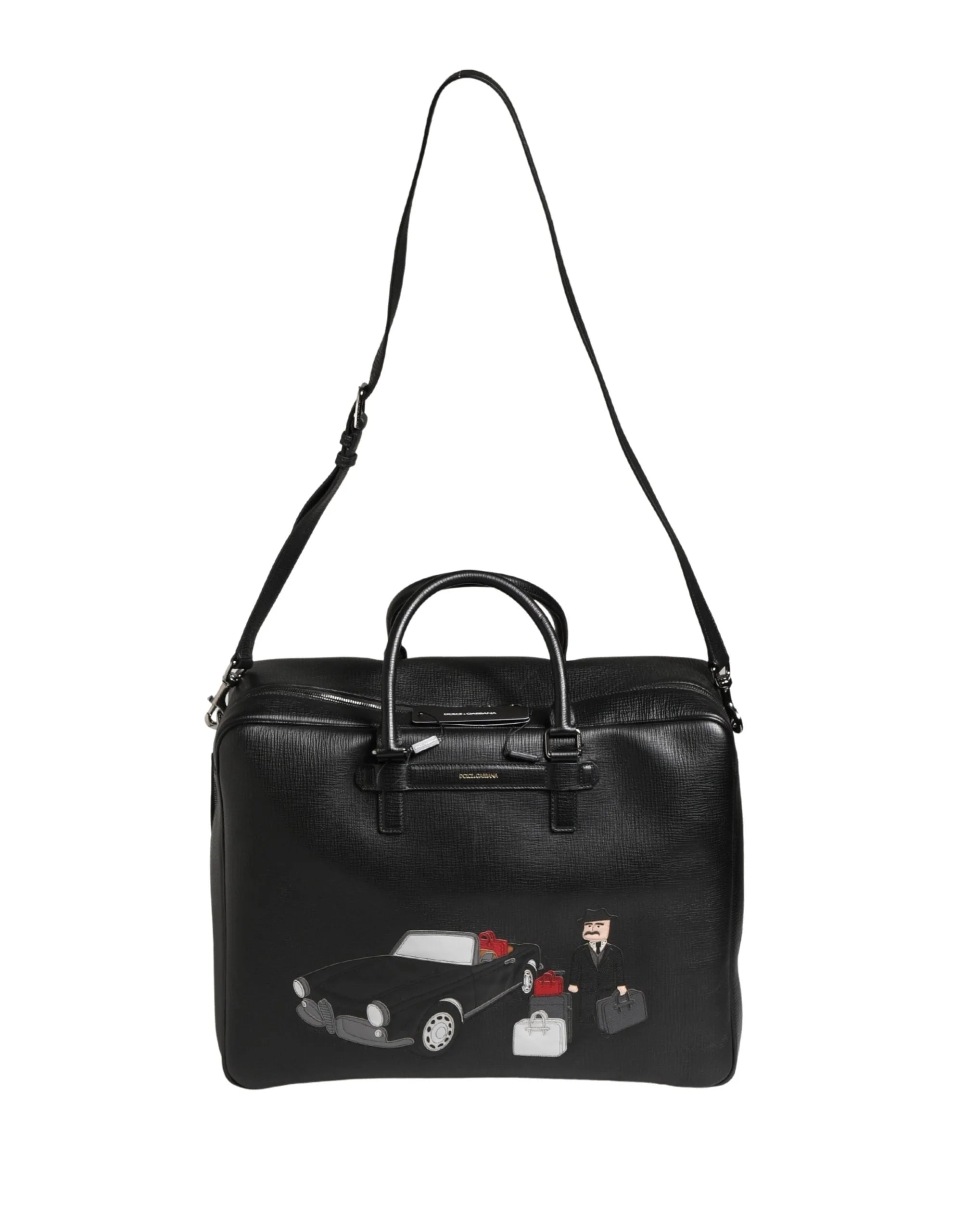 Dolce & Gabbana Black Car Man Applique Leather Weekender Borse Bag