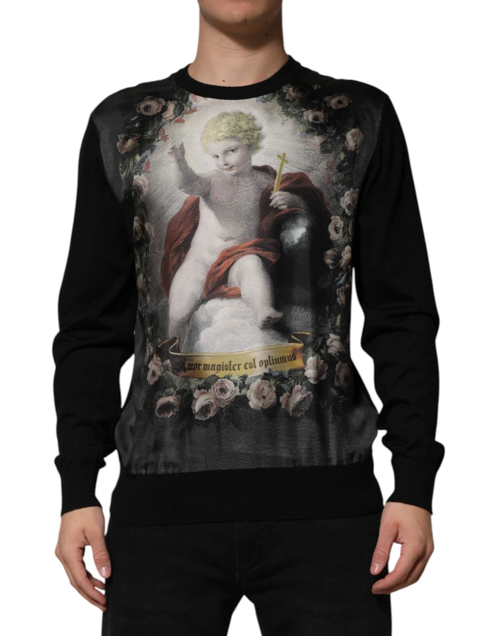 Dolce & Gabbana Black Cashmere Cherub Print Baroque Sweater - IT48 | M - Sweaters