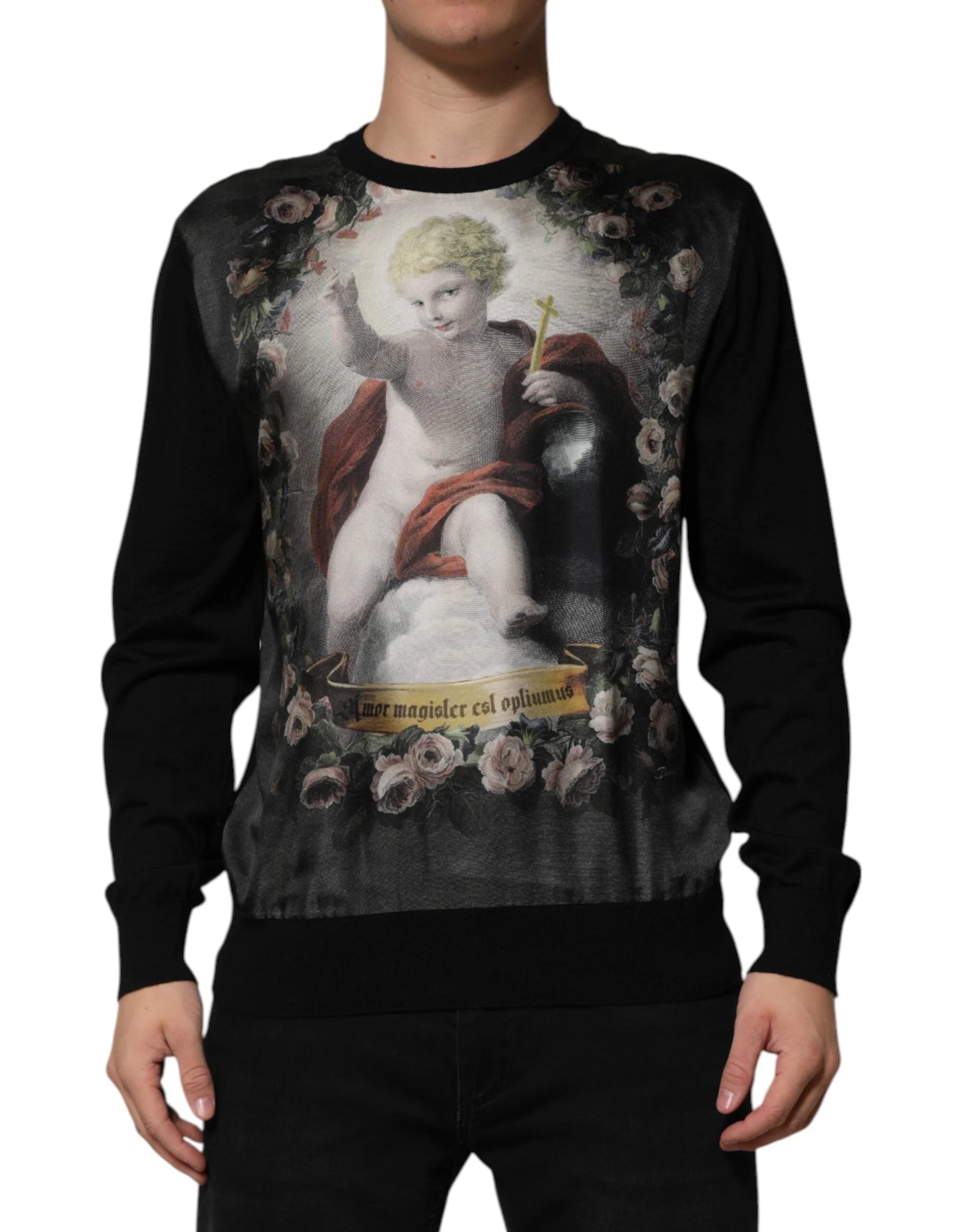 Dolce & Gabbana Black Cashmere Cherub Print Baroque Sweater - IT48 | M - Sweaters