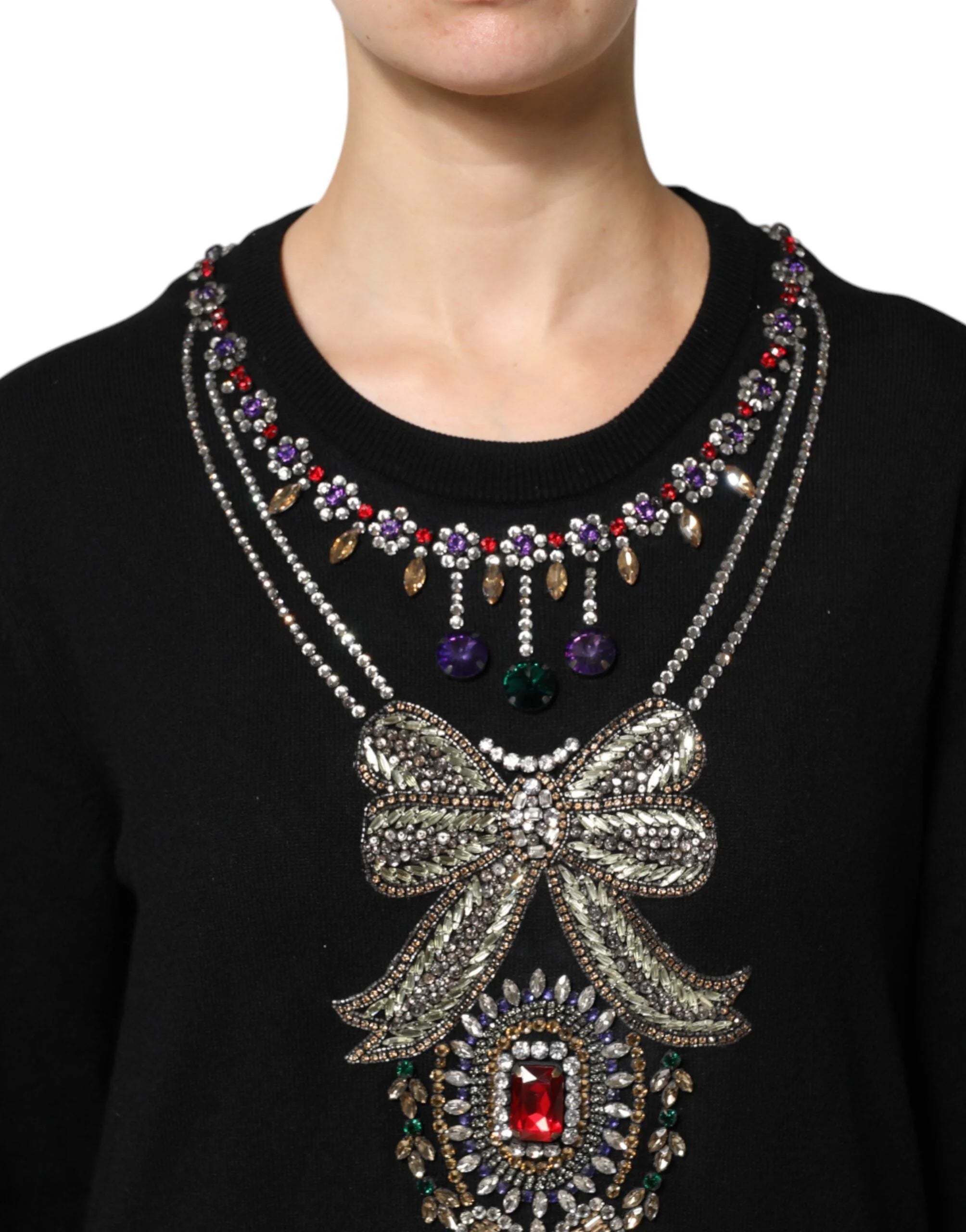 Dolce & Gabbana Black Cashmere Crystal Embellished Sweater - Sweaters