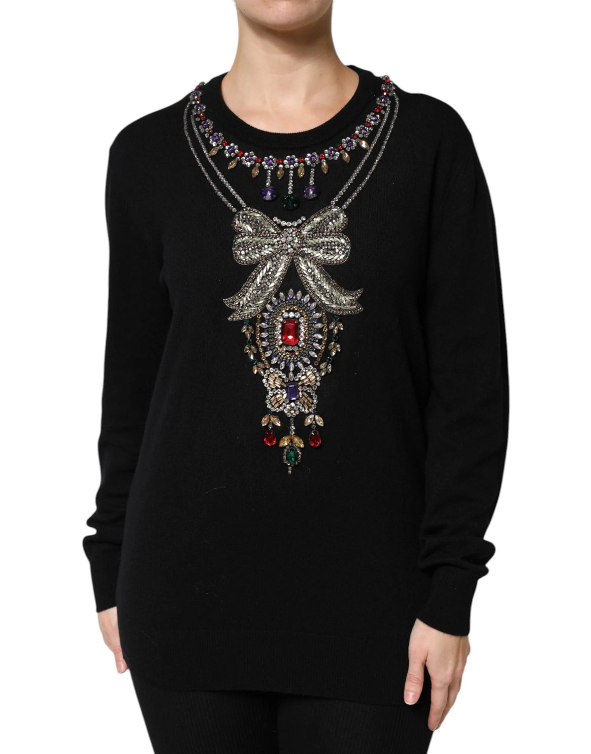 Dolce & Gabbana Black Cashmere Crystal Embellished Sweater - Sweaters