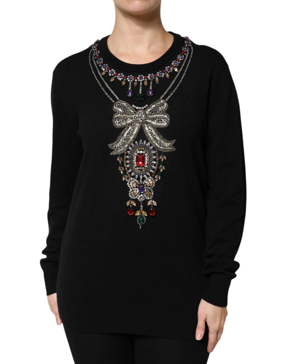 Dolce & Gabbana Black Cashmere Crystal Embellished Sweater - Sweaters
