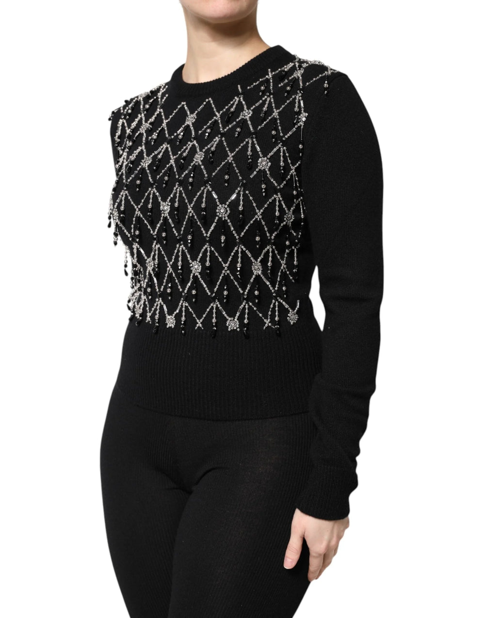 Dolce & Gabbana Black Cashmere Embellished Long Sleeves Top - Sweaters