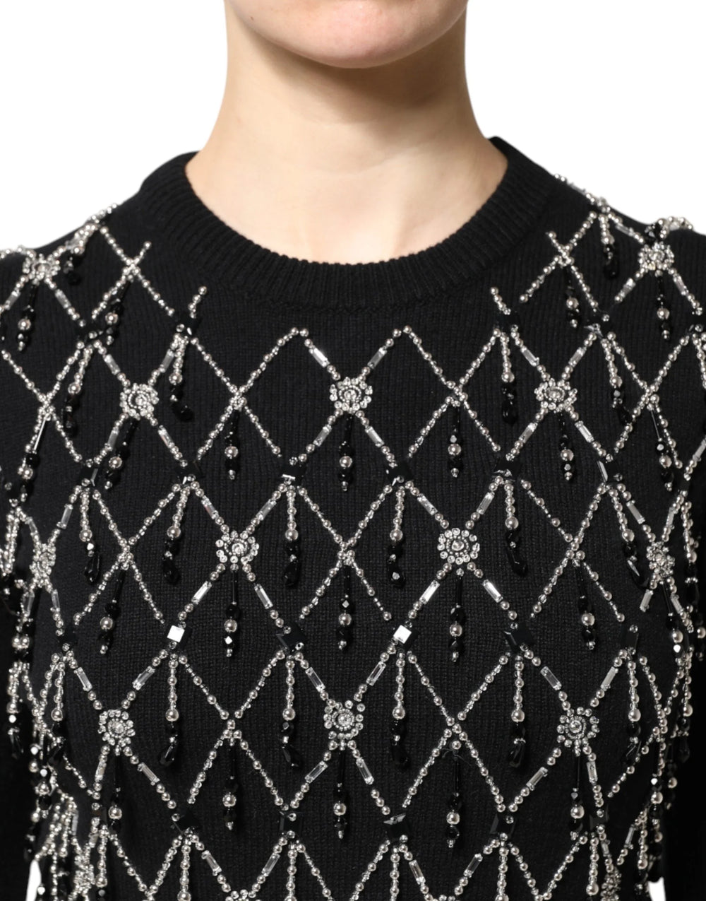 Dolce & Gabbana Black Cashmere Embellished Long Sleeves Top - Sweaters