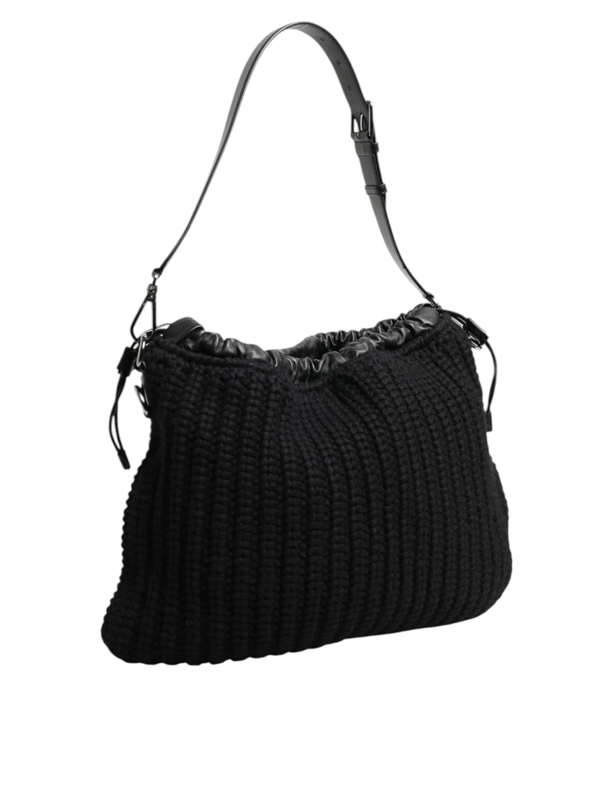 Dolce & Gabbana Black Cashmere Knitted Leather Shoulder Women Borse Bag - Shoulder Bags