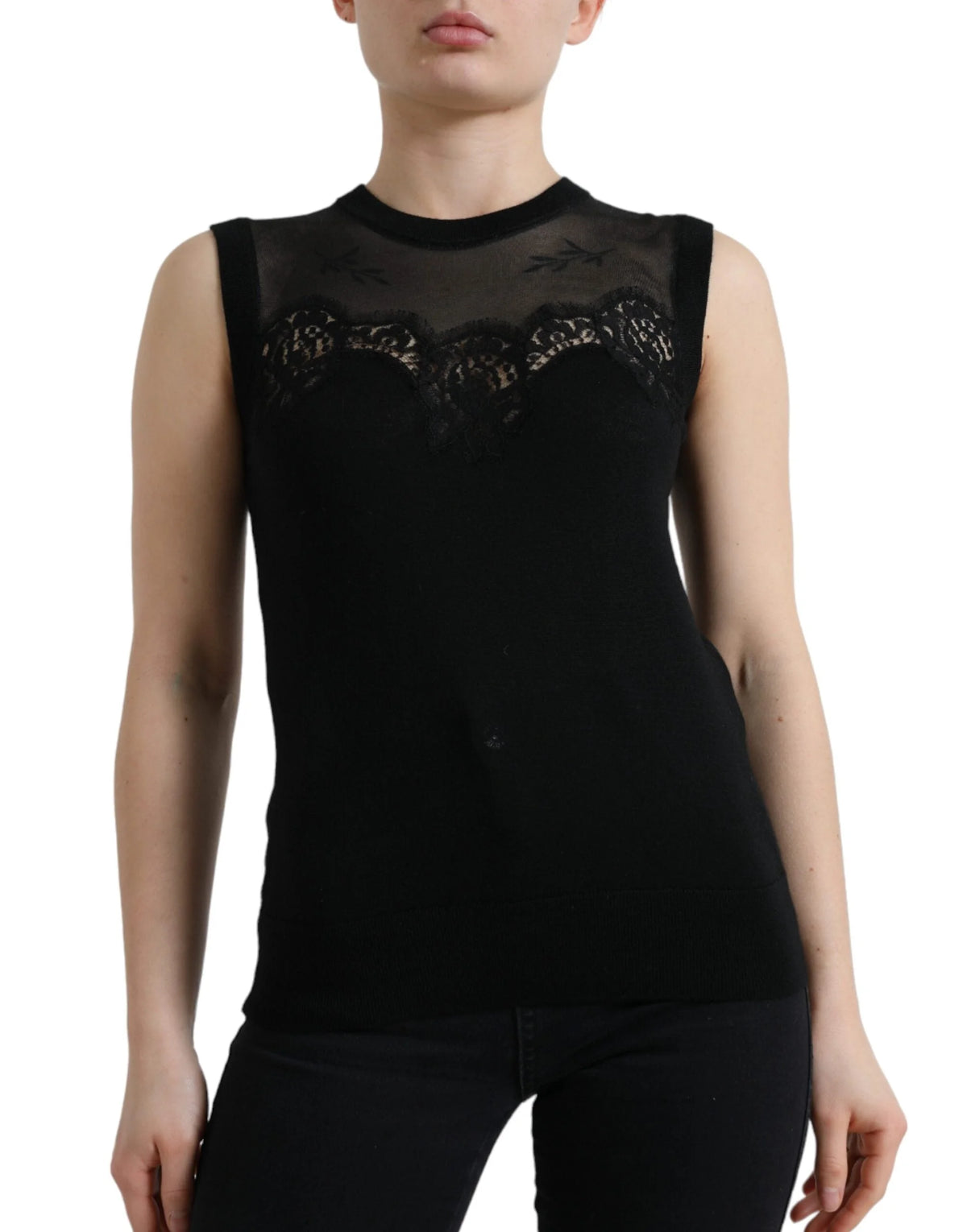 Dolce & Gabbana Black Cashmere Lace Trim Sleeveless Tank Top - IT38 | XS - Tank Tops