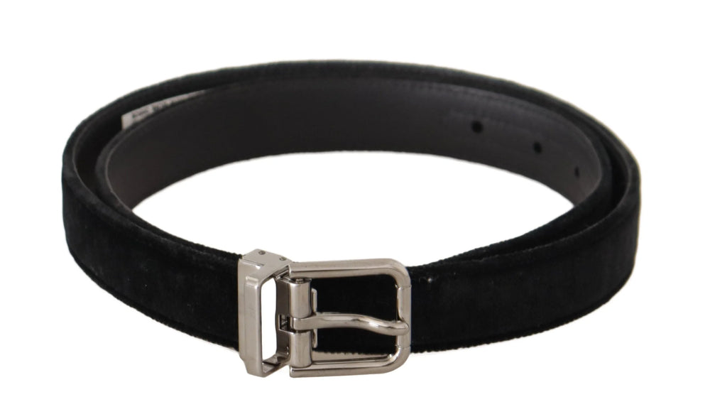 Dolce & Gabbana Black Casual Velvet Silver Metal Logo Buckle Belt - 95 cm / 38 Inches - Belts