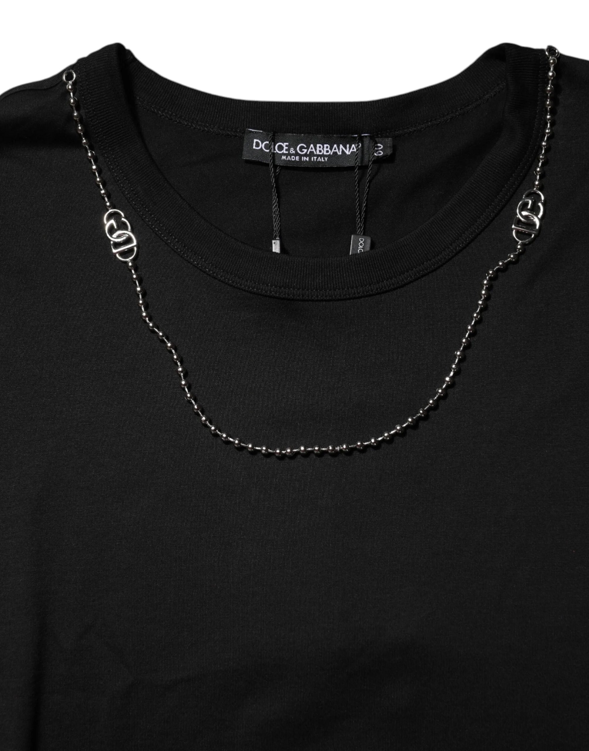 Dolce & Gabbana Black Chain Necklace Cotton Crewneck T-shirt - IT60 | 3XL - T-Shirts