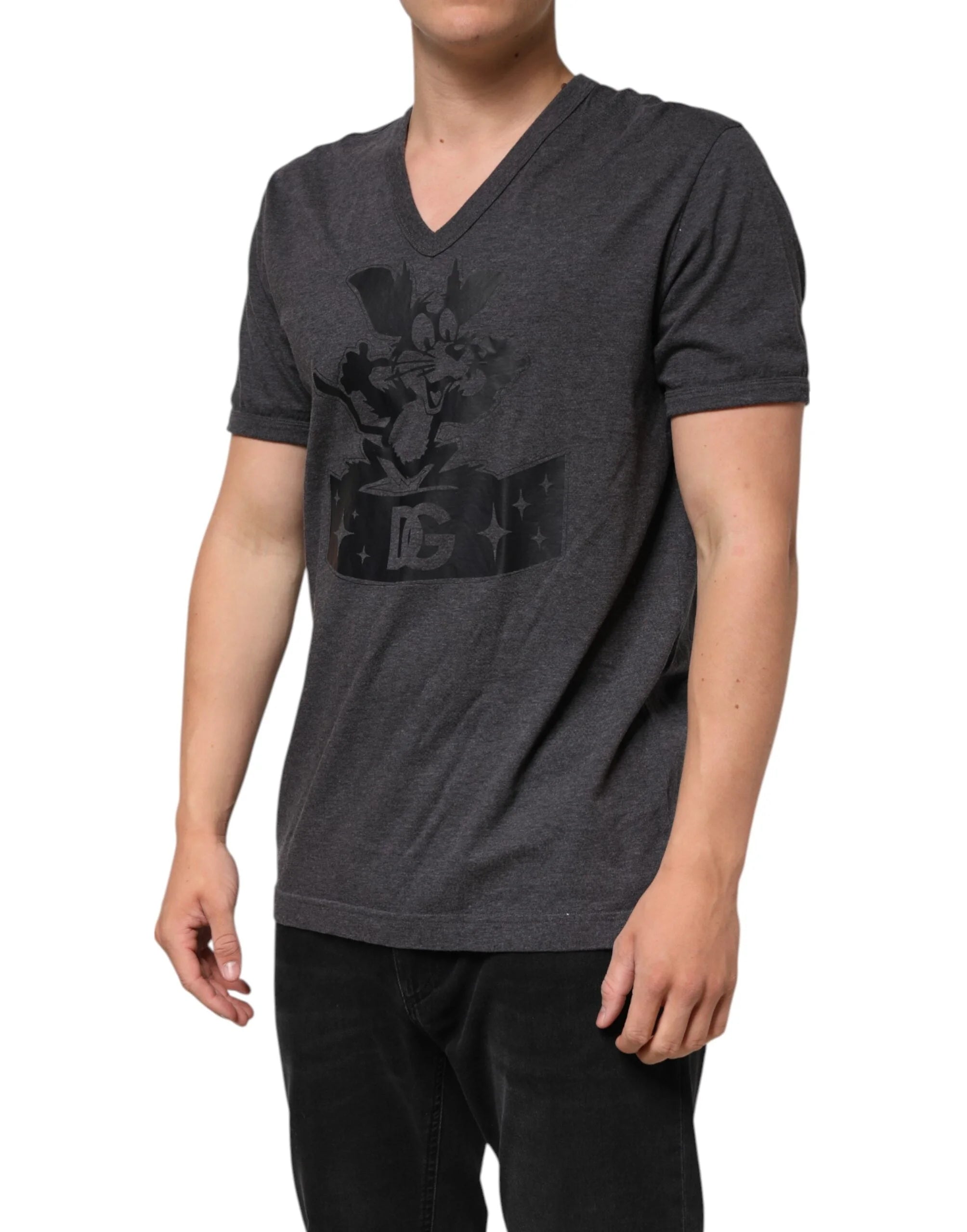 Dolce & Gabbana Black Charcoal DG Logo V-Neck Men T-shirt - IT52 | XL