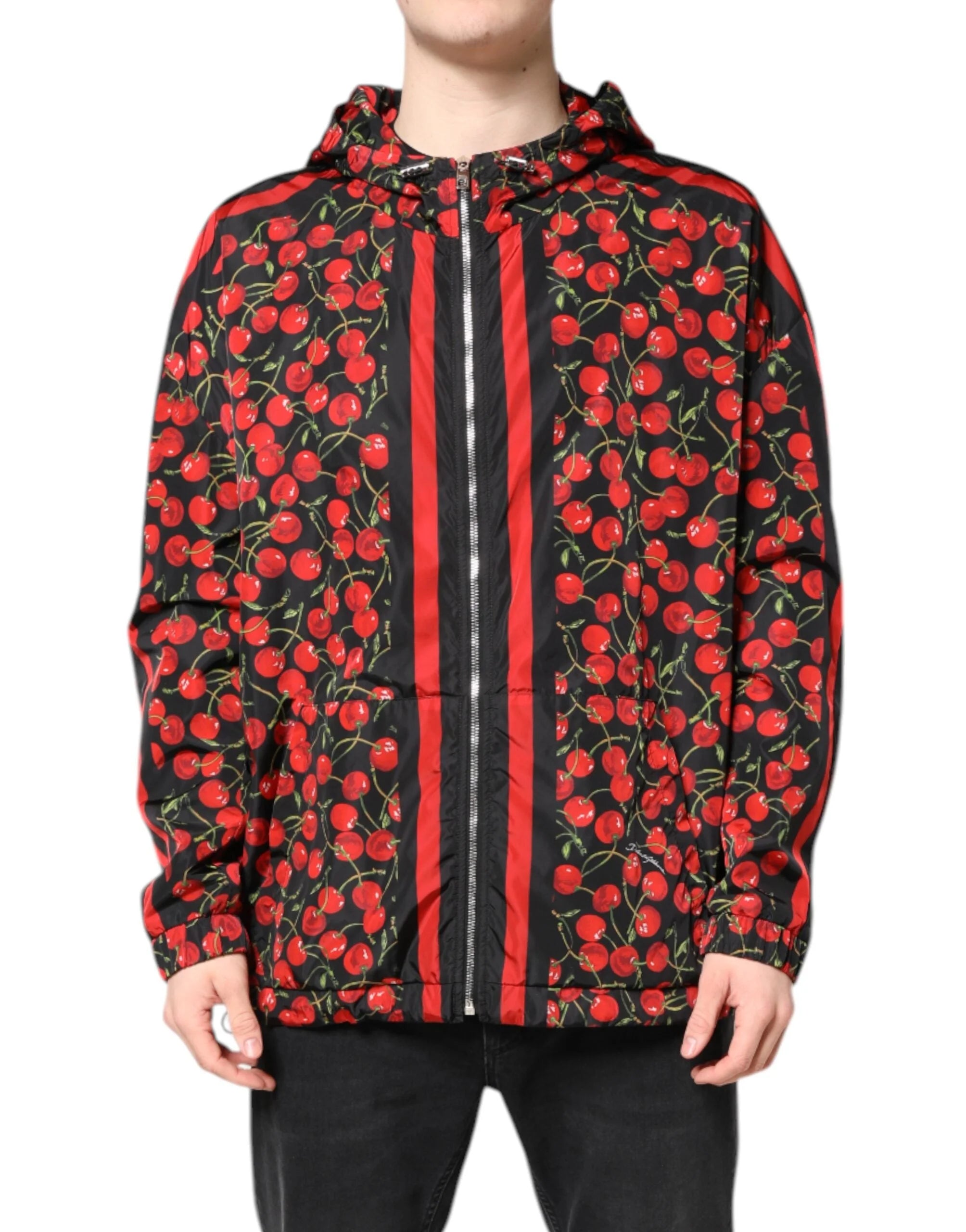 Dolce & Gabbana Black Cherry Print Hooded Windbreaker Jacket - IT50 | L - Windbreakers