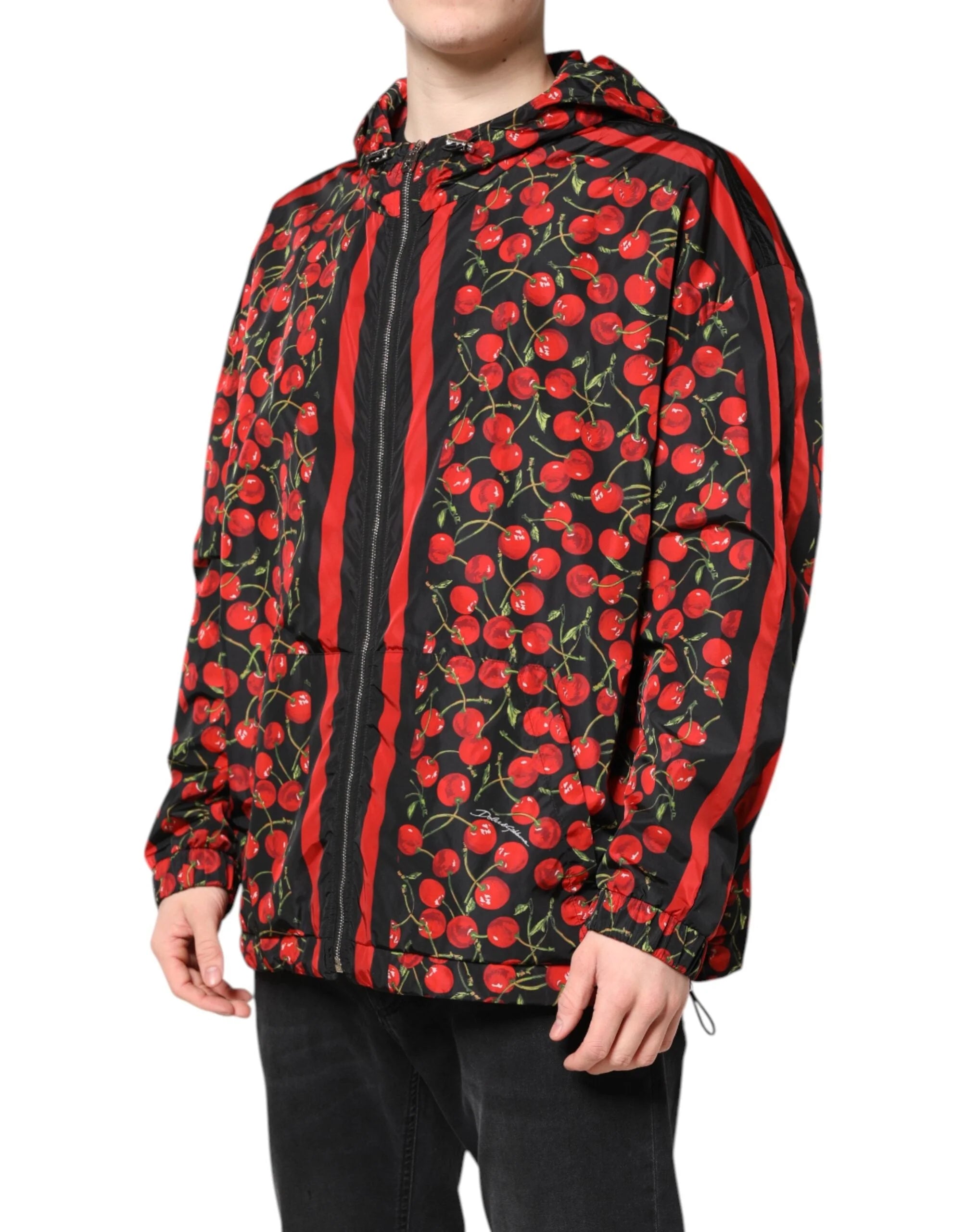 Dolce & Gabbana Black Cherry Print Hooded Windbreaker Jacket - IT50 | L - Windbreakers