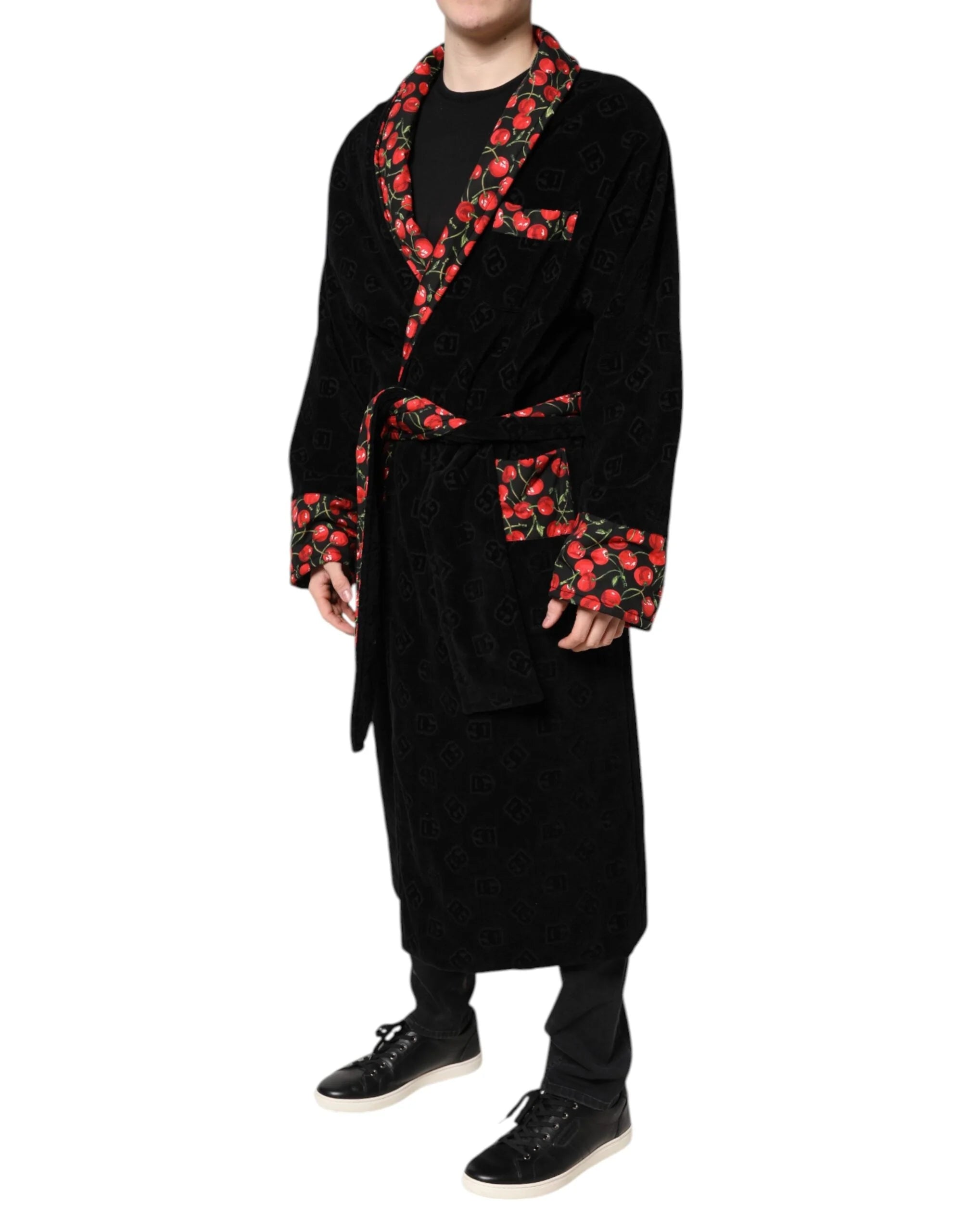 Dolce & Gabbana Black Cherry Print Wrap Robe Men Coat Jacket - IT48 | M - Wrap Coats