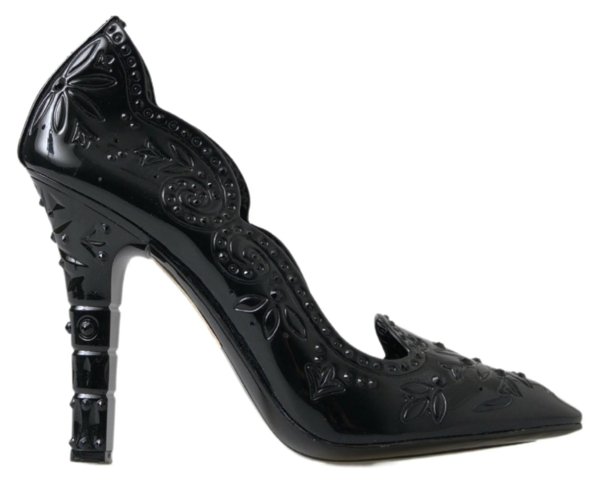 Dolce & Gabbana Black CINDERELLA Floral Crystal Heels Shoes - EU39/US8.5