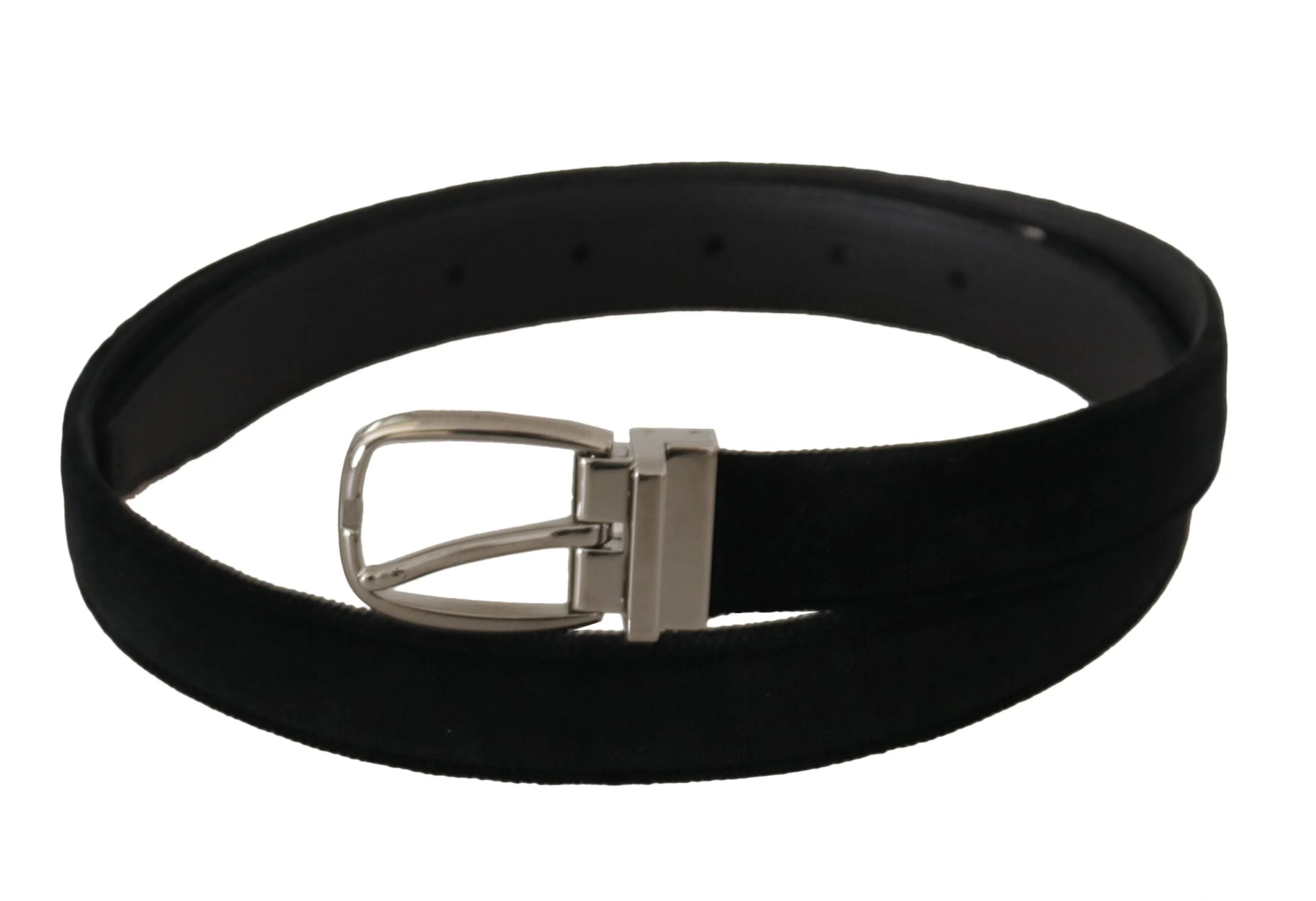 Dolce & Gabbana Black Classic Velvet Silver Tone Metal Buckle Belt - Belts