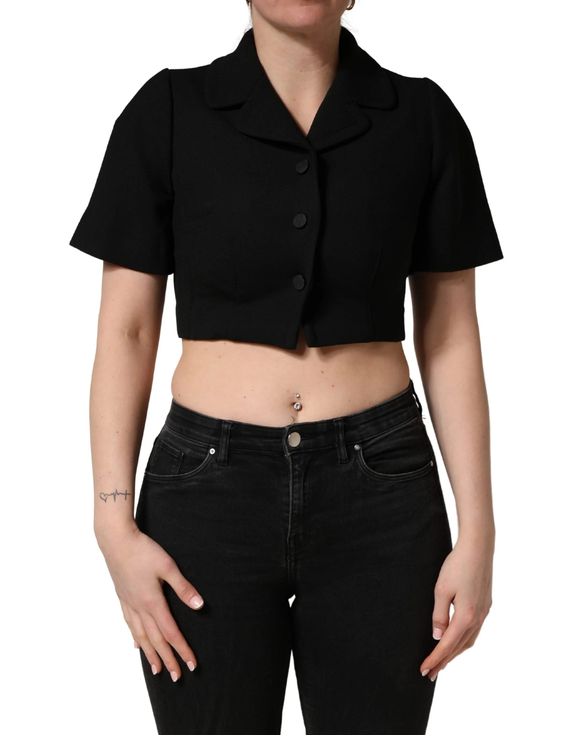 Dolce & Gabbana Blouse courte à manches courtes et col noir - IT36|XXS