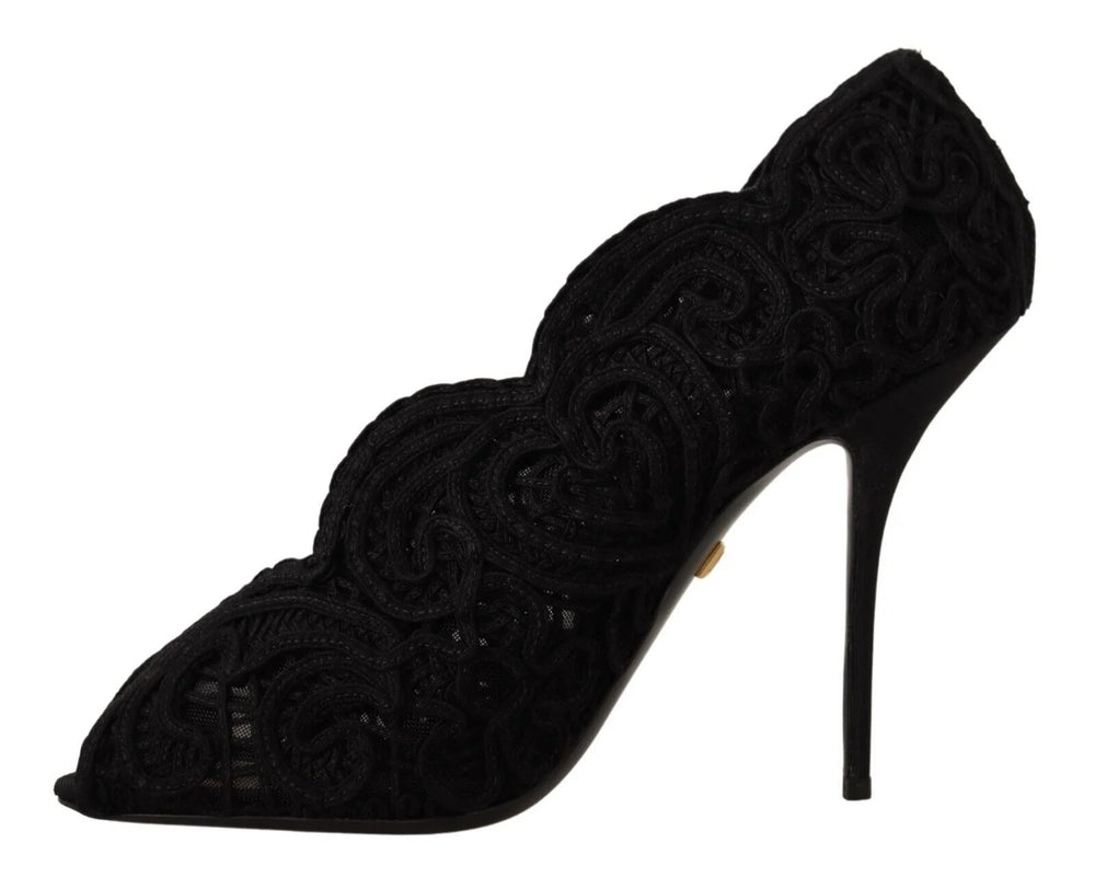 Dolce & Gabbana Black Cordonetto Ricamo Pump Open Toe Shoes - EU40/US9.5 - Heels