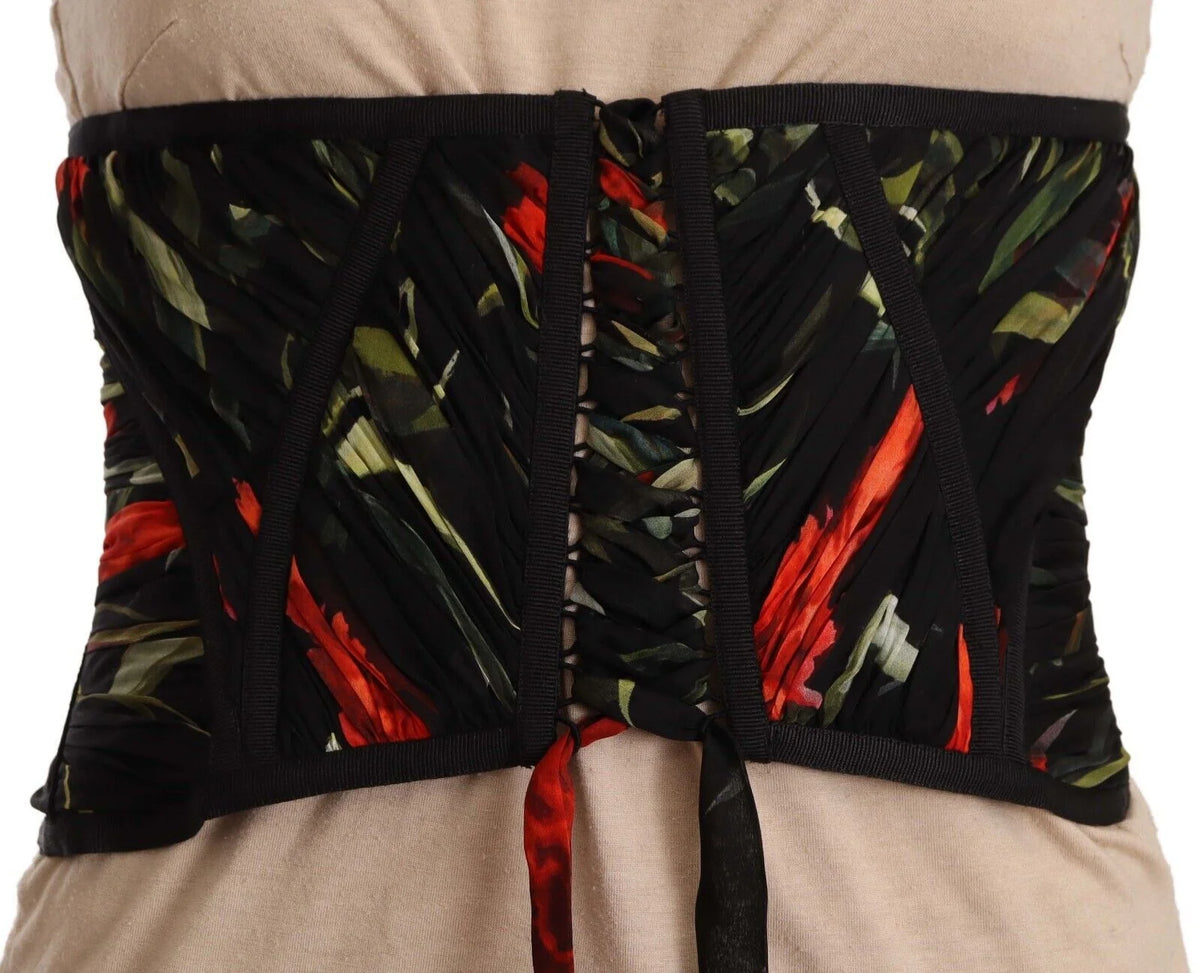 Dolce & Gabbana Black Corset Belt Stretch Waist Strap Silk Top - Blouses