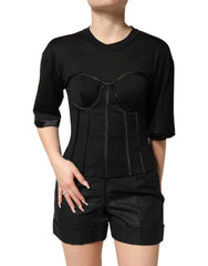 Dolce & Gabbana Black Cotton Bustier Corset Short Sleeves T-shirt - IT38 | XS