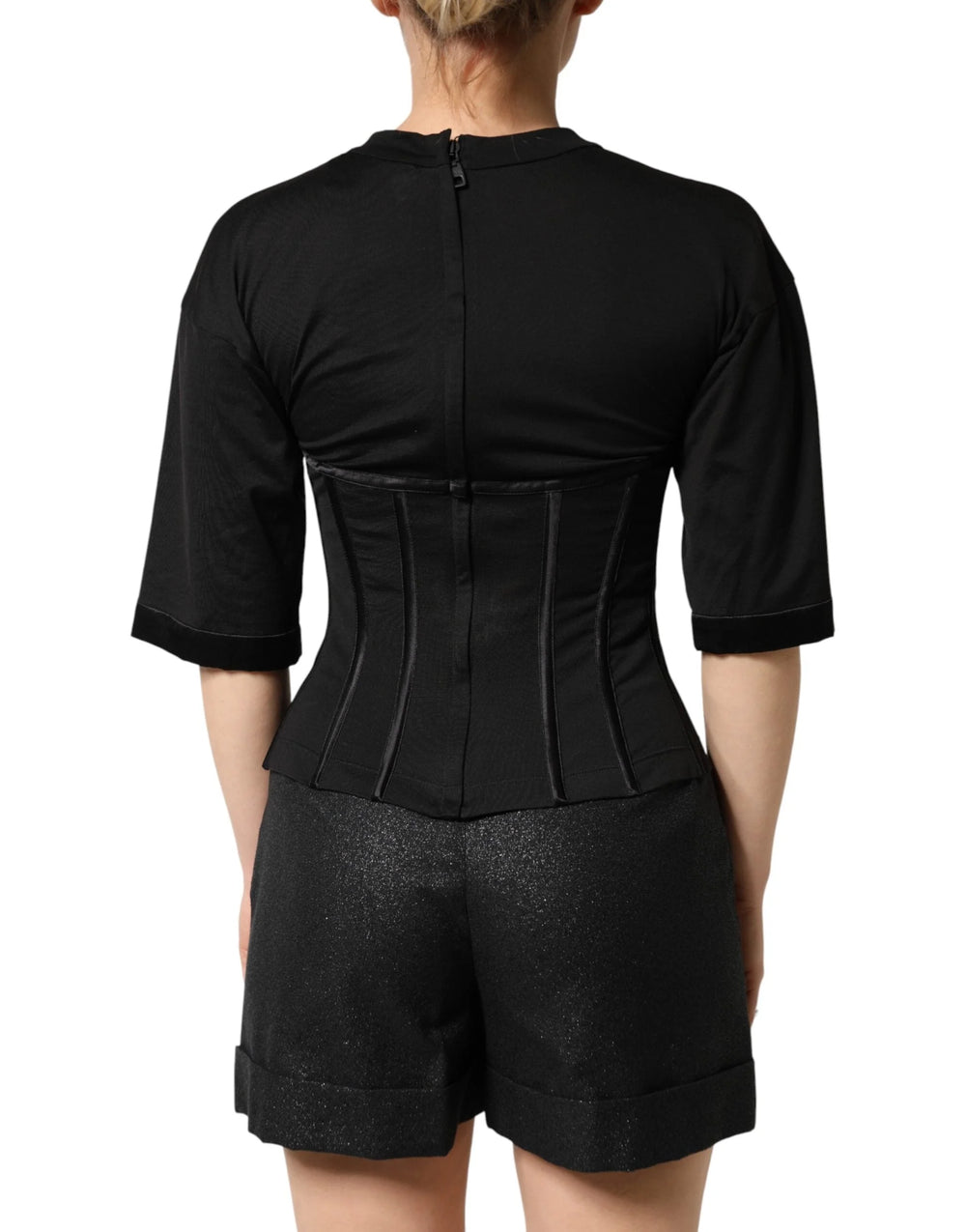 Dolce & Gabbana Black Cotton Bustier Corset Short Sleeves T-shirt - IT38 | XS
