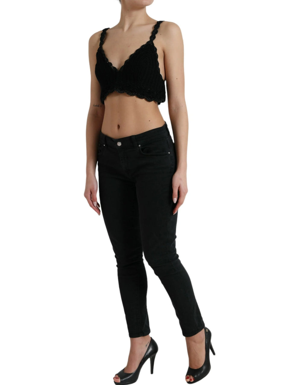 Dolce & Gabbana Black Cotton Bustier Cropped Crochet Tank Top - IT46|XL - Tank Tops