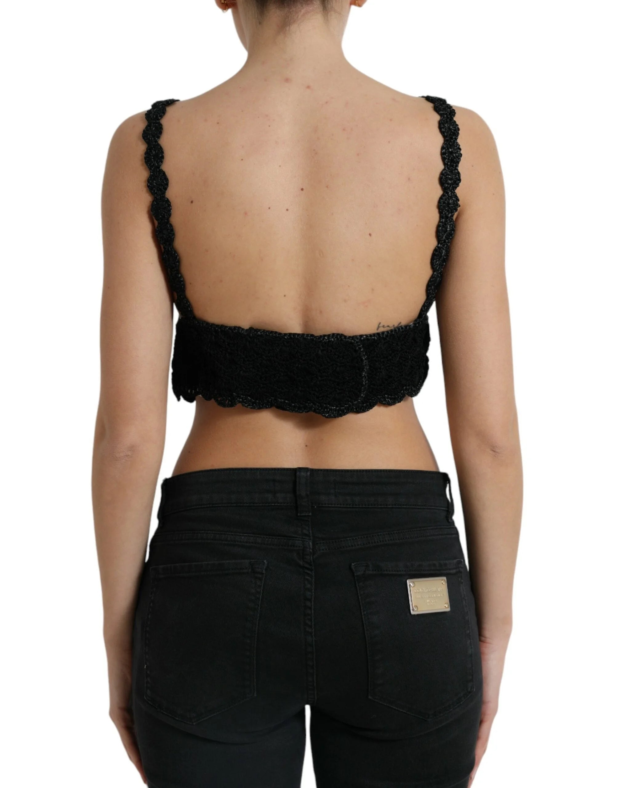 Dolce & Gabbana Black Cotton Bustier Cropped Crochet Tank Top - IT46|XL - Tank Tops