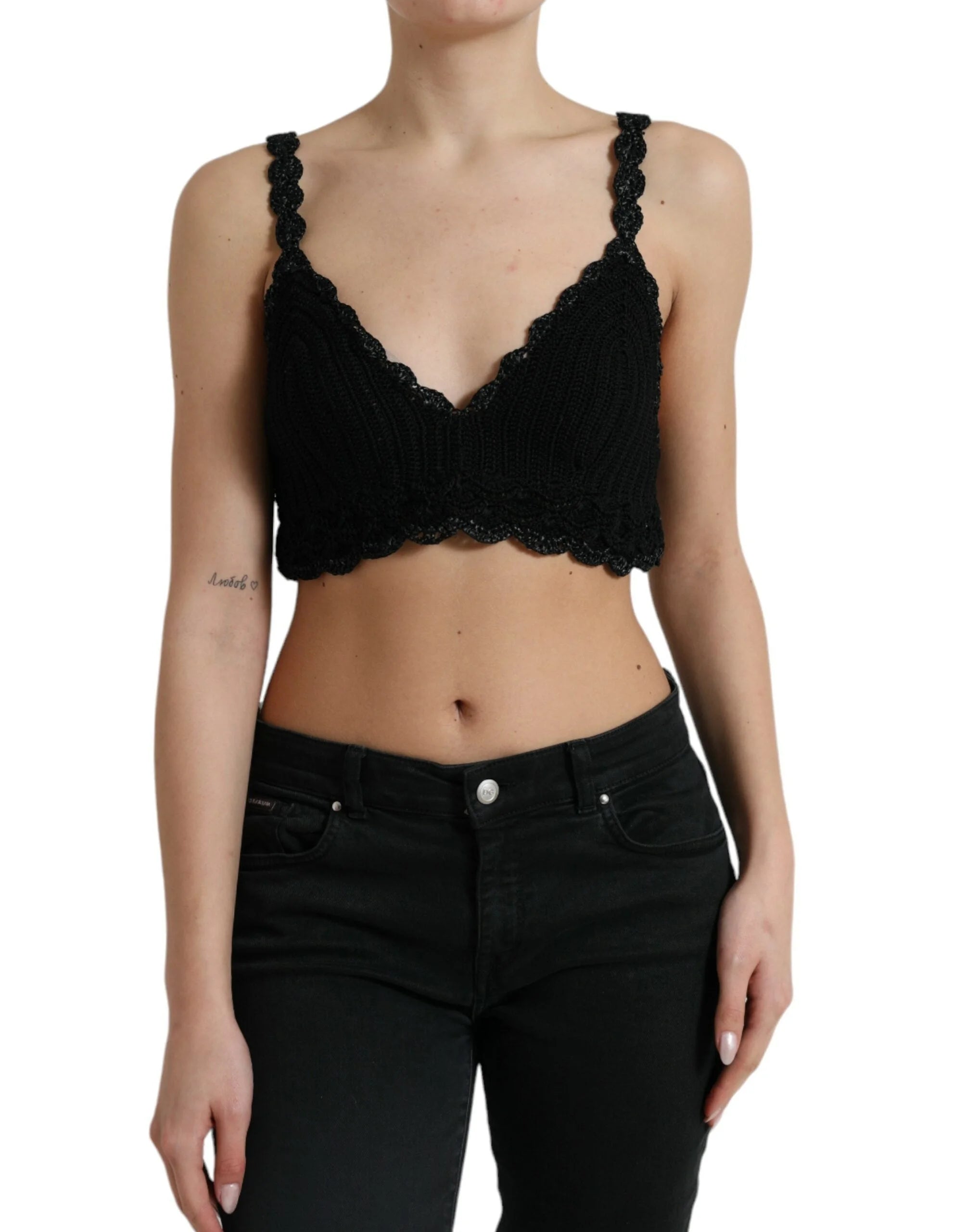 Dolce & Gabbana Black Cotton Bustier Cropped Crochet Tank Top - IT46|XL - Tank Tops
