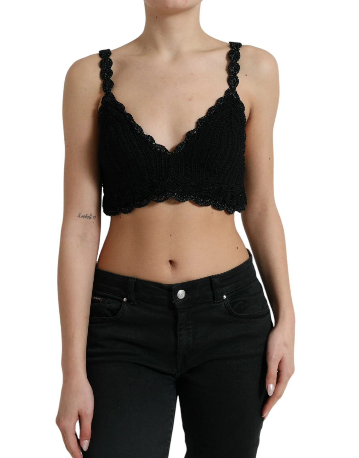 Dolce & Gabbana Black Cotton Bustier Cropped Crochet Tank Top - IT46|XL - Tank Tops