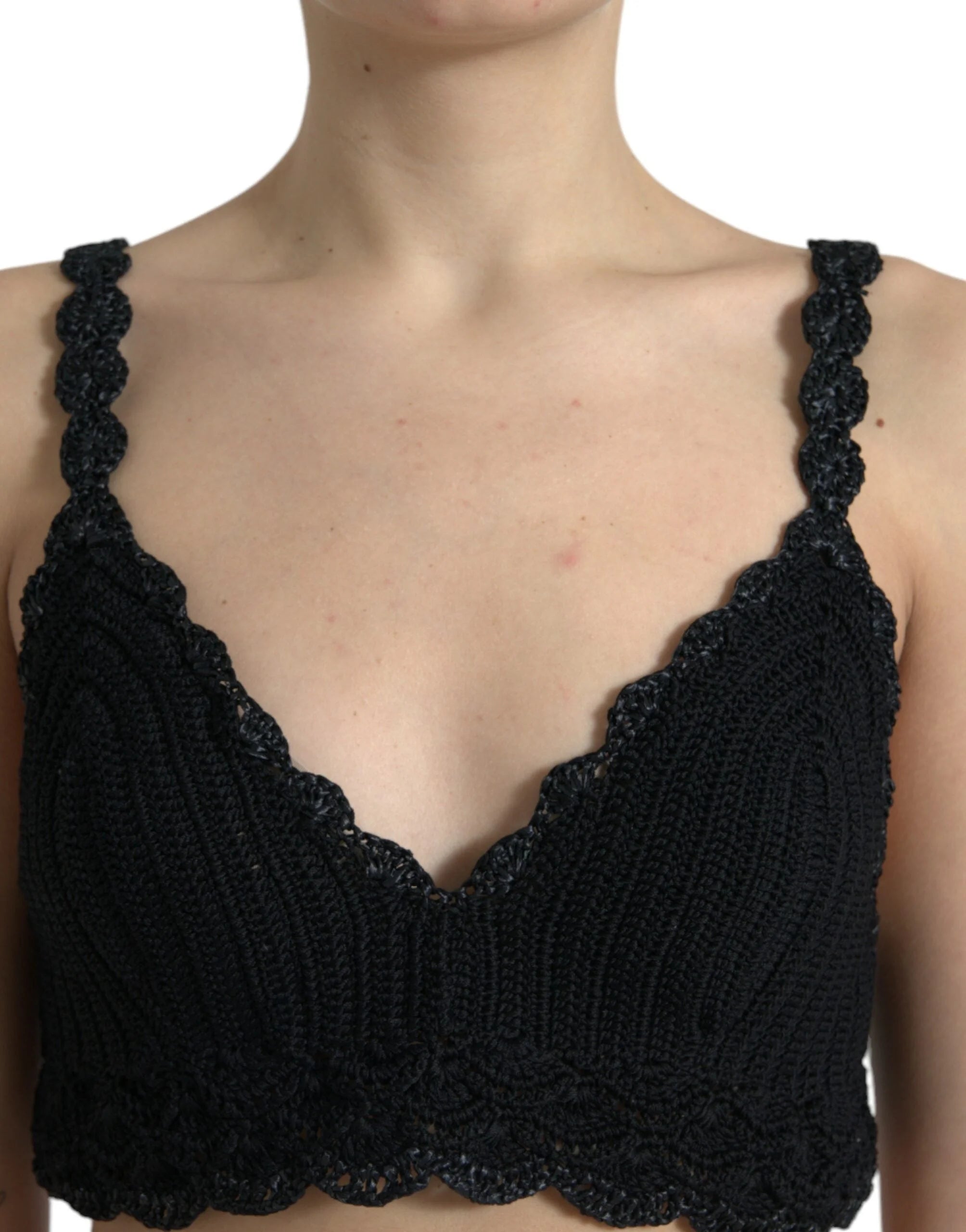 Dolce & Gabbana Black Cotton Bustier Cropped Crochet Tank Top - IT46|XL - Tank Tops