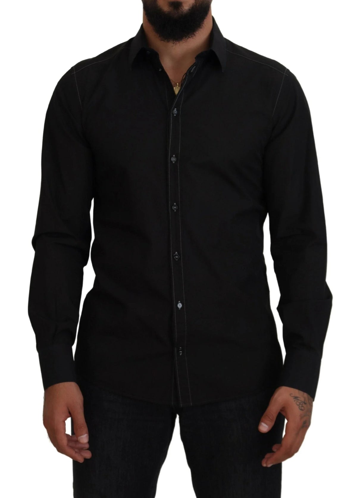 Dolce & Gabbana Black Cotton Collared Long Sleeve GOLD Shirt - IT41 | L - Shirts