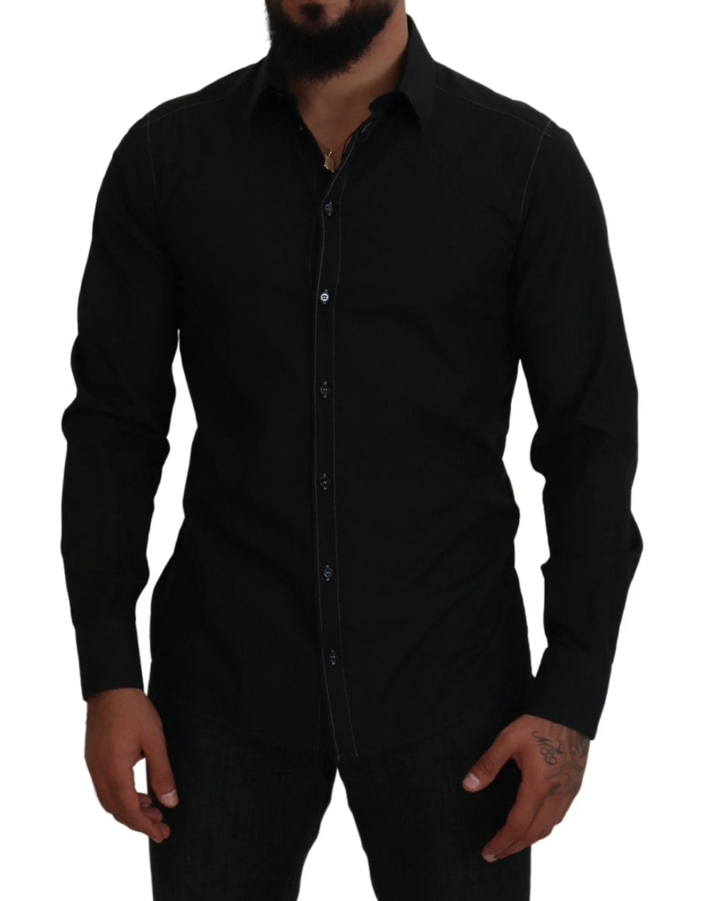 Dolce & Gabbana Black Cotton Collared Long Sleeve GOLD Shirt - IT41 | L - Shirts
