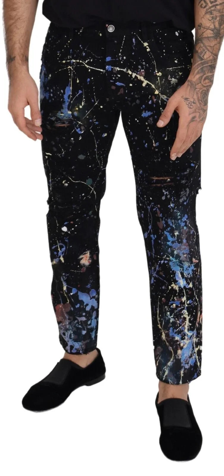 Dolce & Gabbana Jeans de Denim de Algodón Negro con Estampado Color Splash - IT48 | M - Jeans