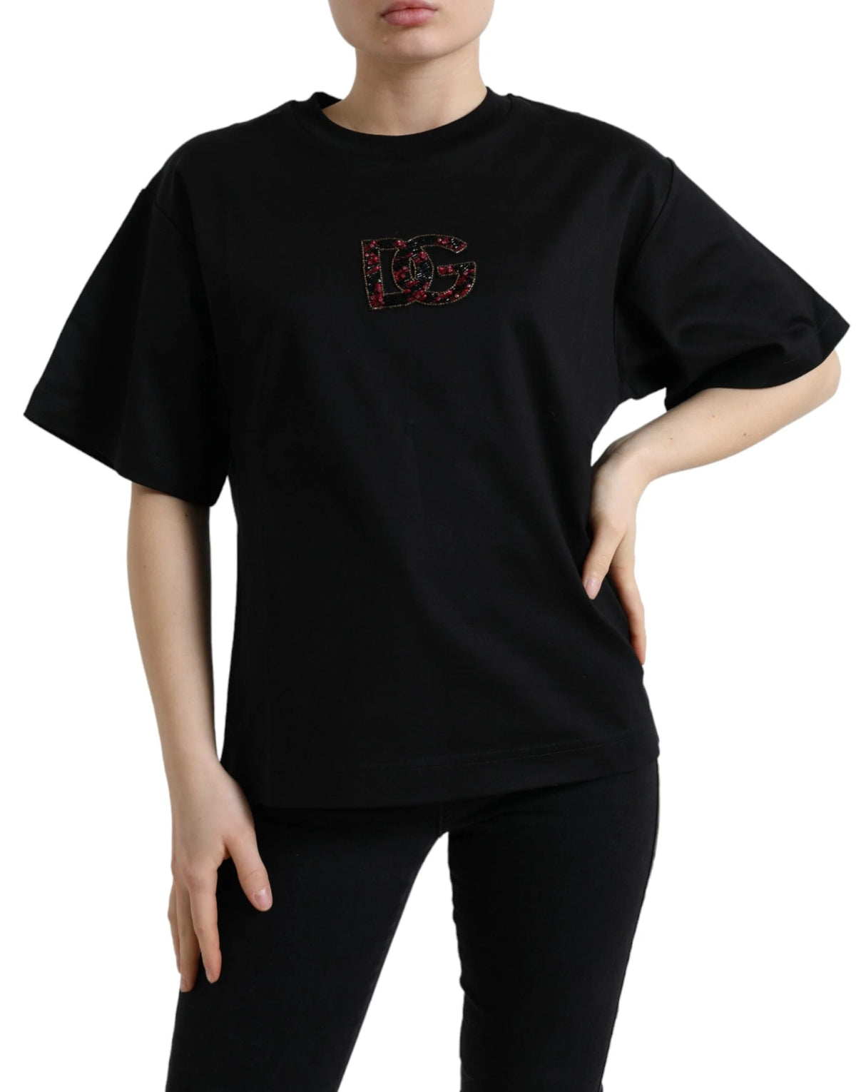 Dolce & Gabbana Black Cotton DG Crystal Crewneck Tee T-shirt - IT36|XXS - T-Shirts
